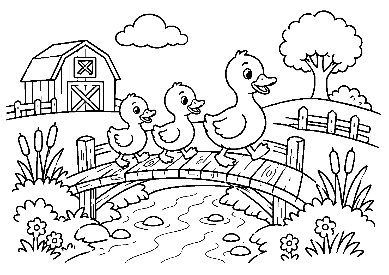 Patinhos atravessando a ponte, desenho para colorir em A4 paisagem