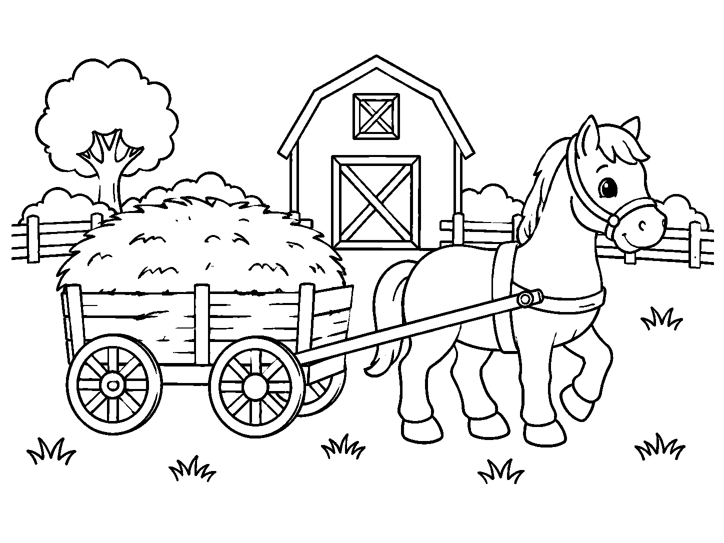 Cavalo puxando uma carroça de feno, desenho para colorir em A4 paisagem