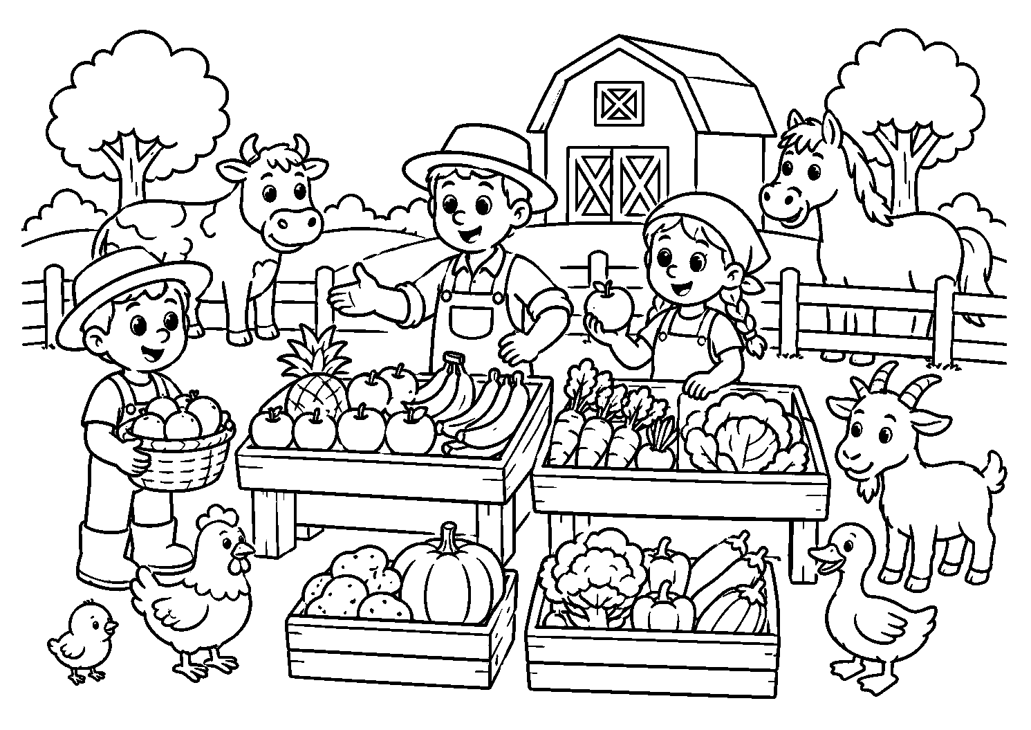 Banca de frutas e verduras na fazenda, desenho para colorir em A4 paisagem