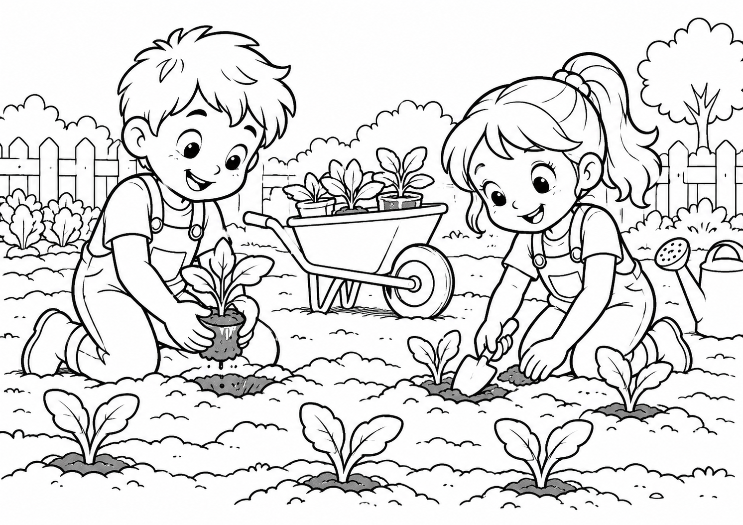 Duas crianças plantando mudas na horta com um carrinho de mão, desenho para colorir em A4 paisagem