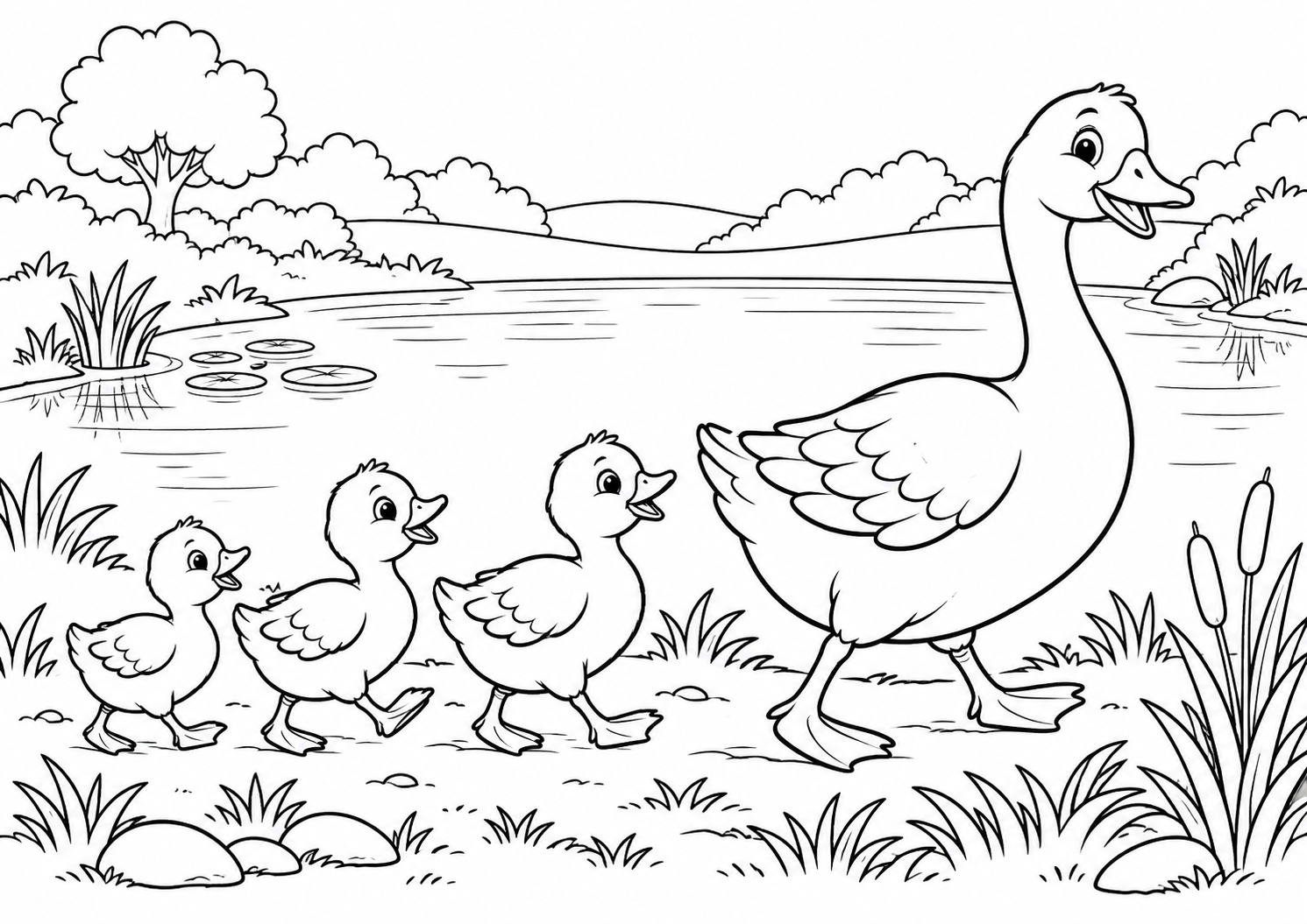 Família de gansos andando pela margem de um laguinho, desenho para colorir em A4 paisagem