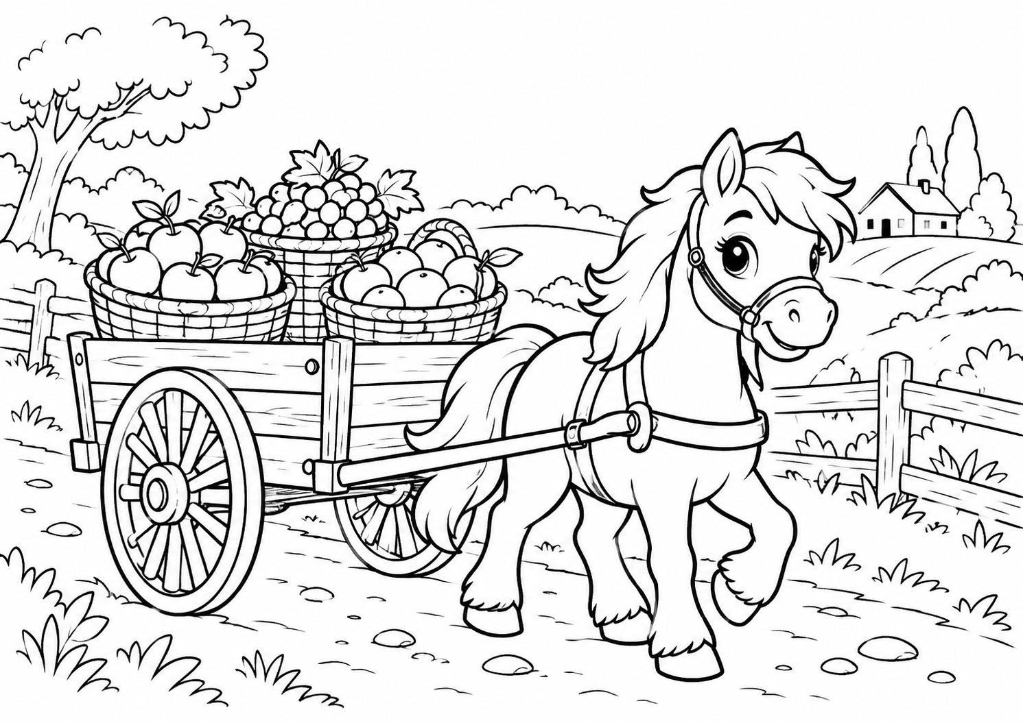 Pônei puxando uma carroça com cestos de frutas num caminho rural, desenho para colorir em A4 paisagem