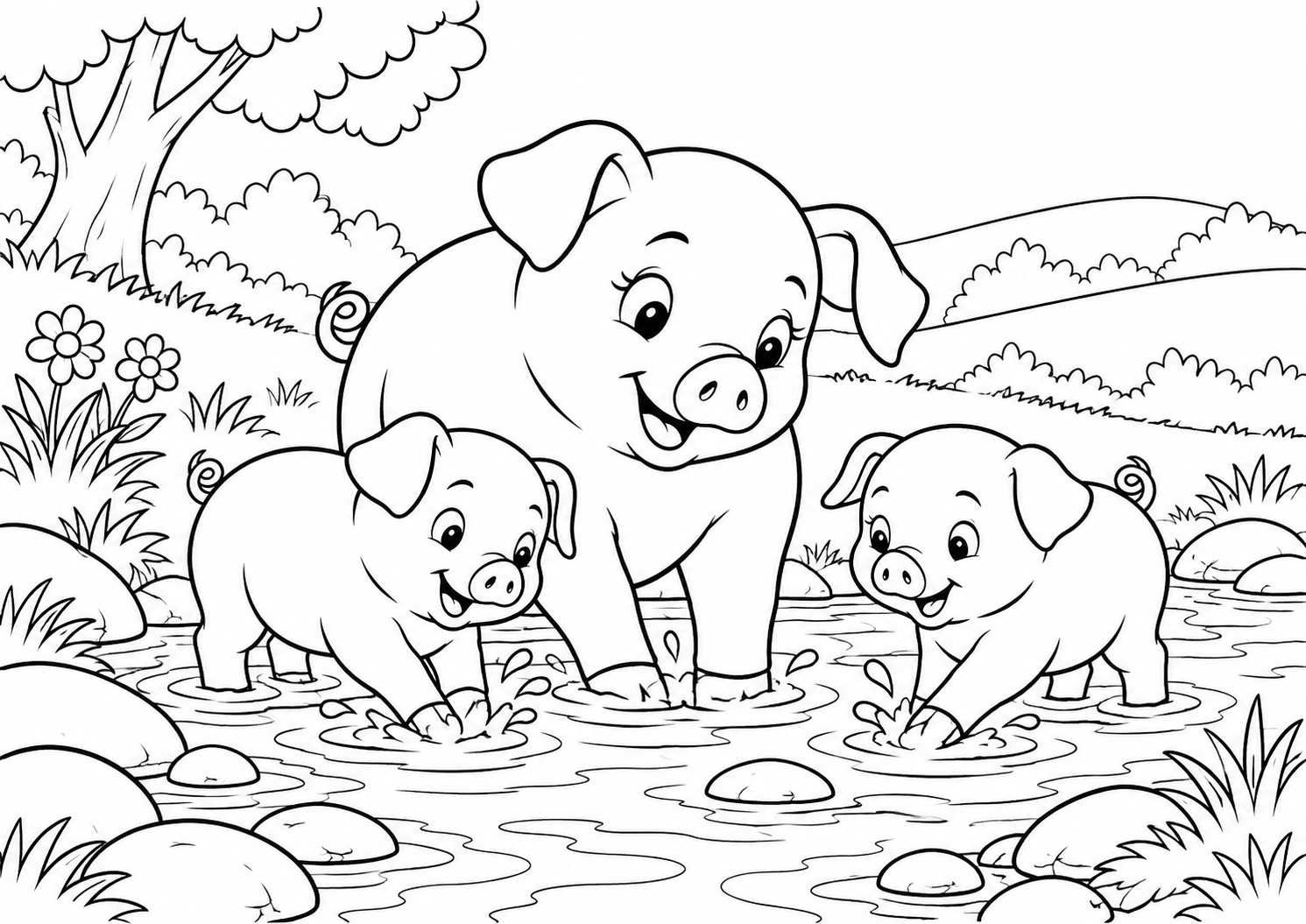 Porquinha e dois filhotes lavando as patas num riachinho, desenho para colorir em A4 paisagem