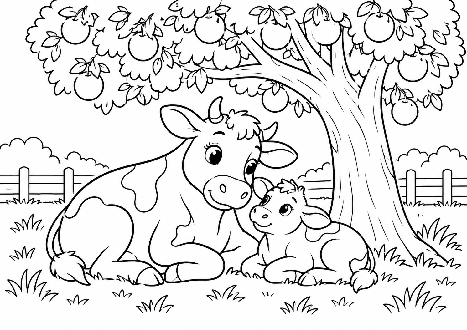 Vaca e bezerro compartilhando sombra de uma árvore frutífera, desenho para colorir em A4 paisagem