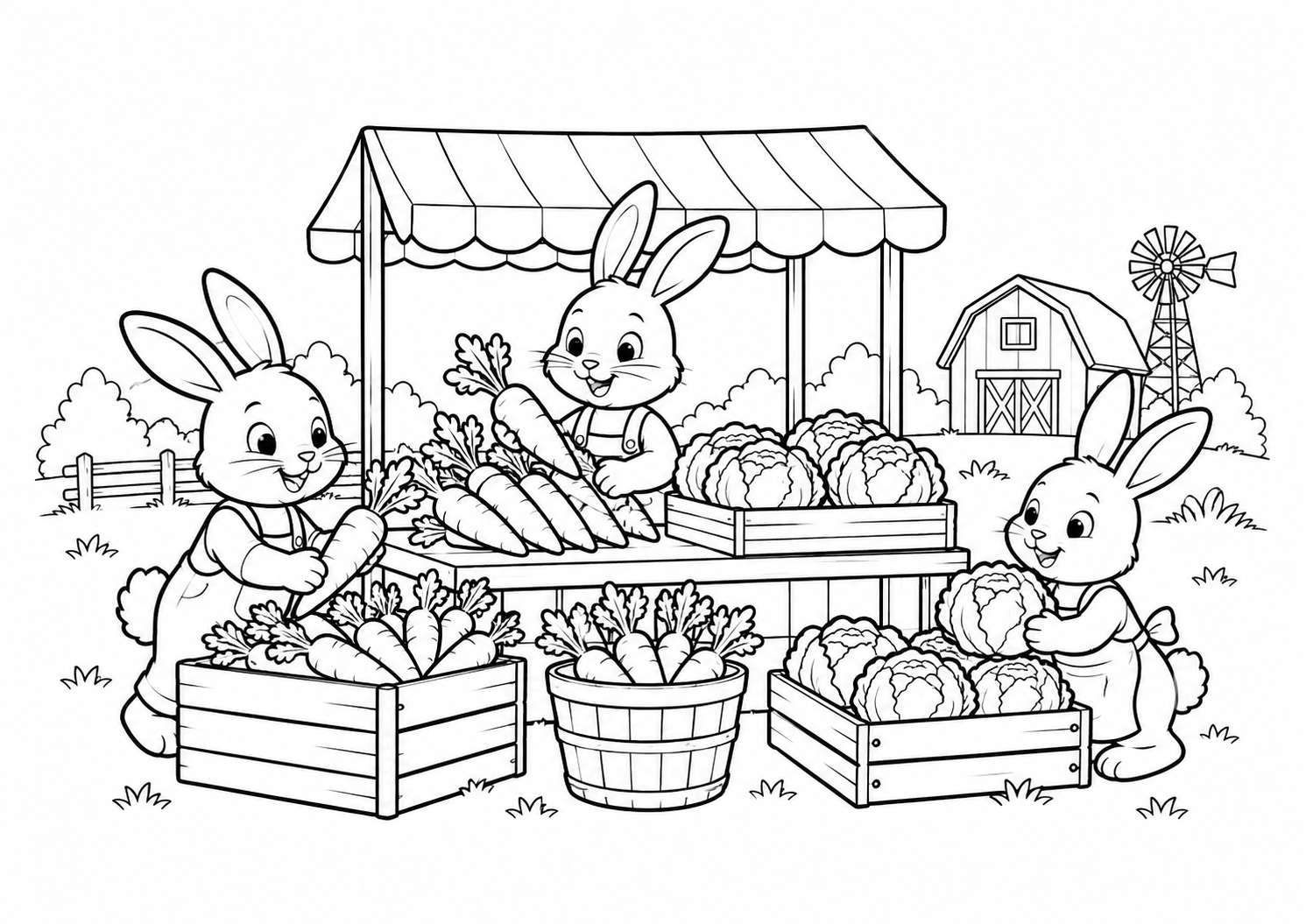 Coelhos organizando cenouras e alfaces numa feira rural, desenho para colorir em A4 paisagem