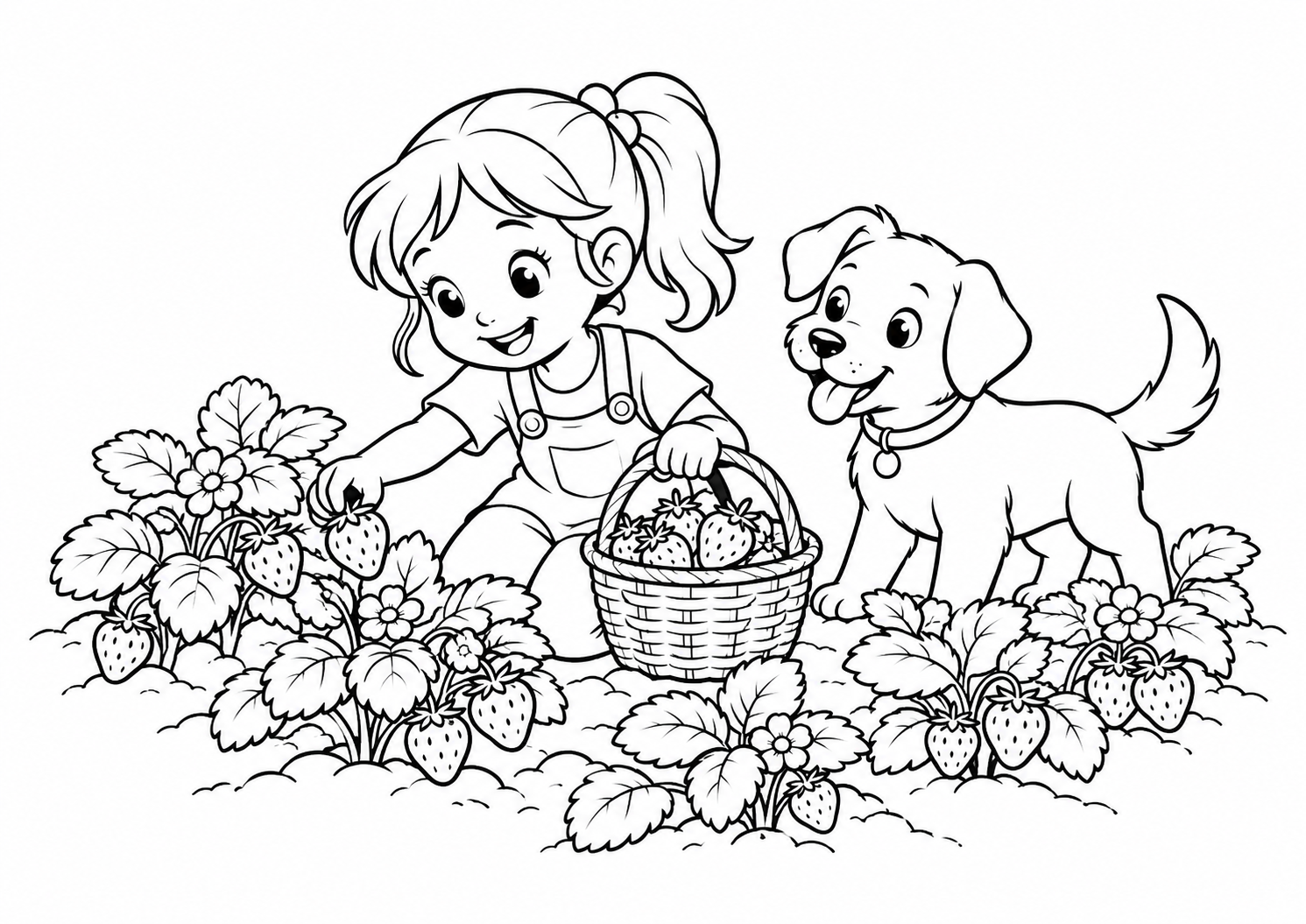 Criança colhendo morangos com um cachorro num canteiro, desenho para colorir em A4 paisagem