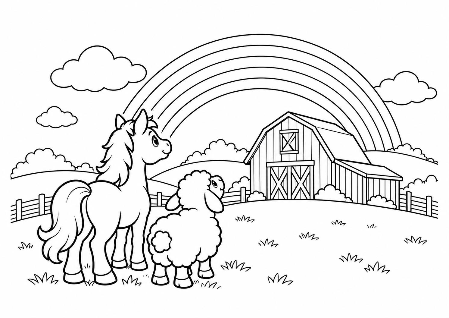 Cavalinho e ovelha olhando um arco-íris sobre o celeiro, desenho para colorir em A4 paisagem
