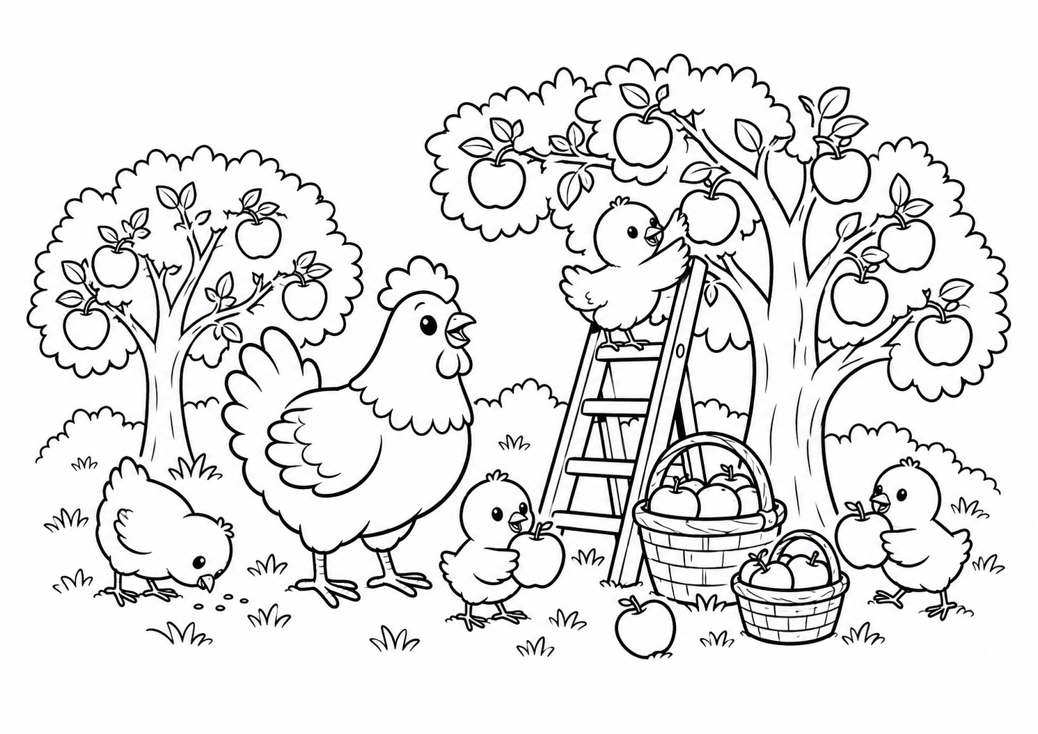Galinhas com pintinhos explorando um pomar com escada e cestos, desenho para colorir em A4 paisagem
