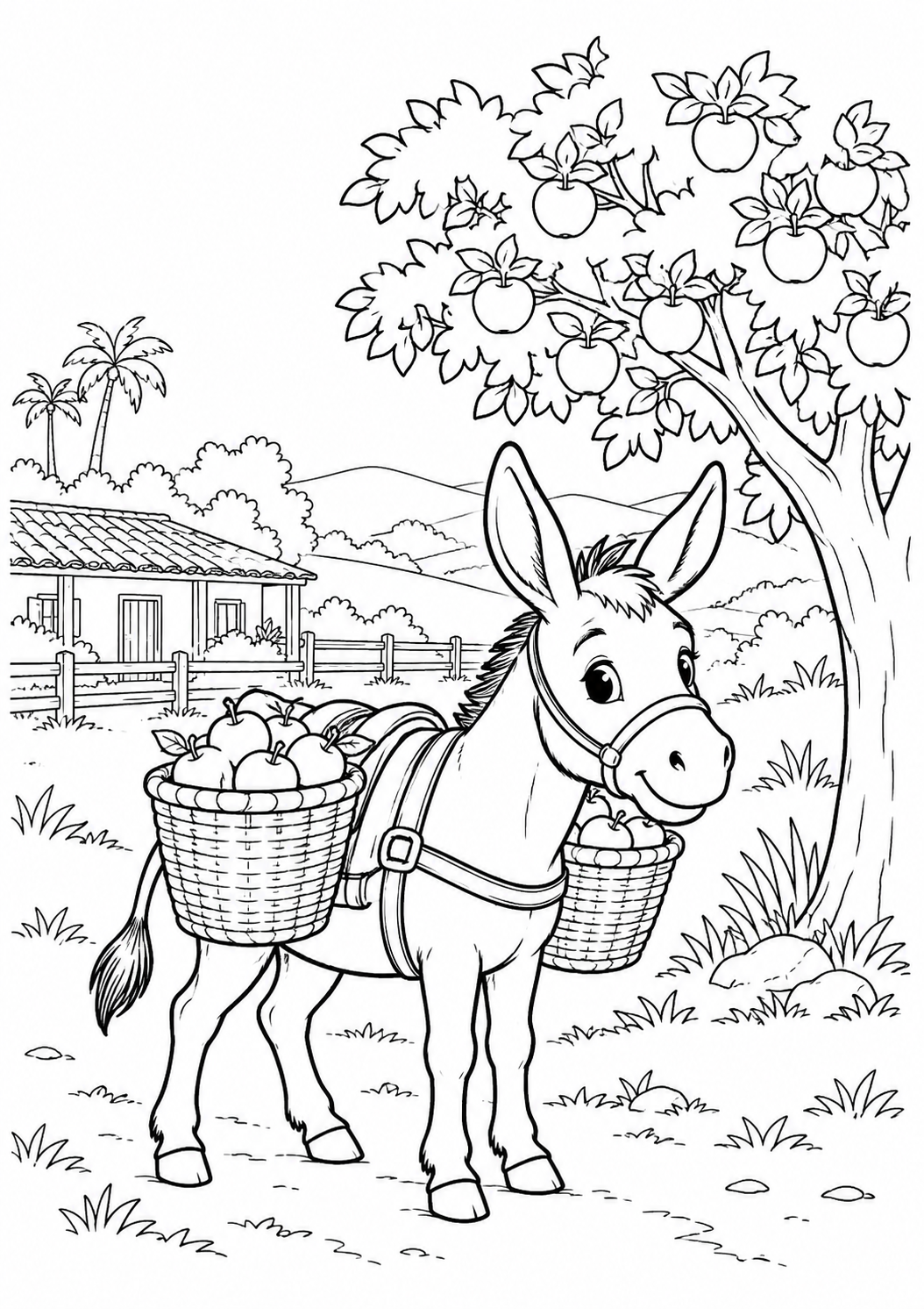 Burrinho com cestos de maçãs no pomar