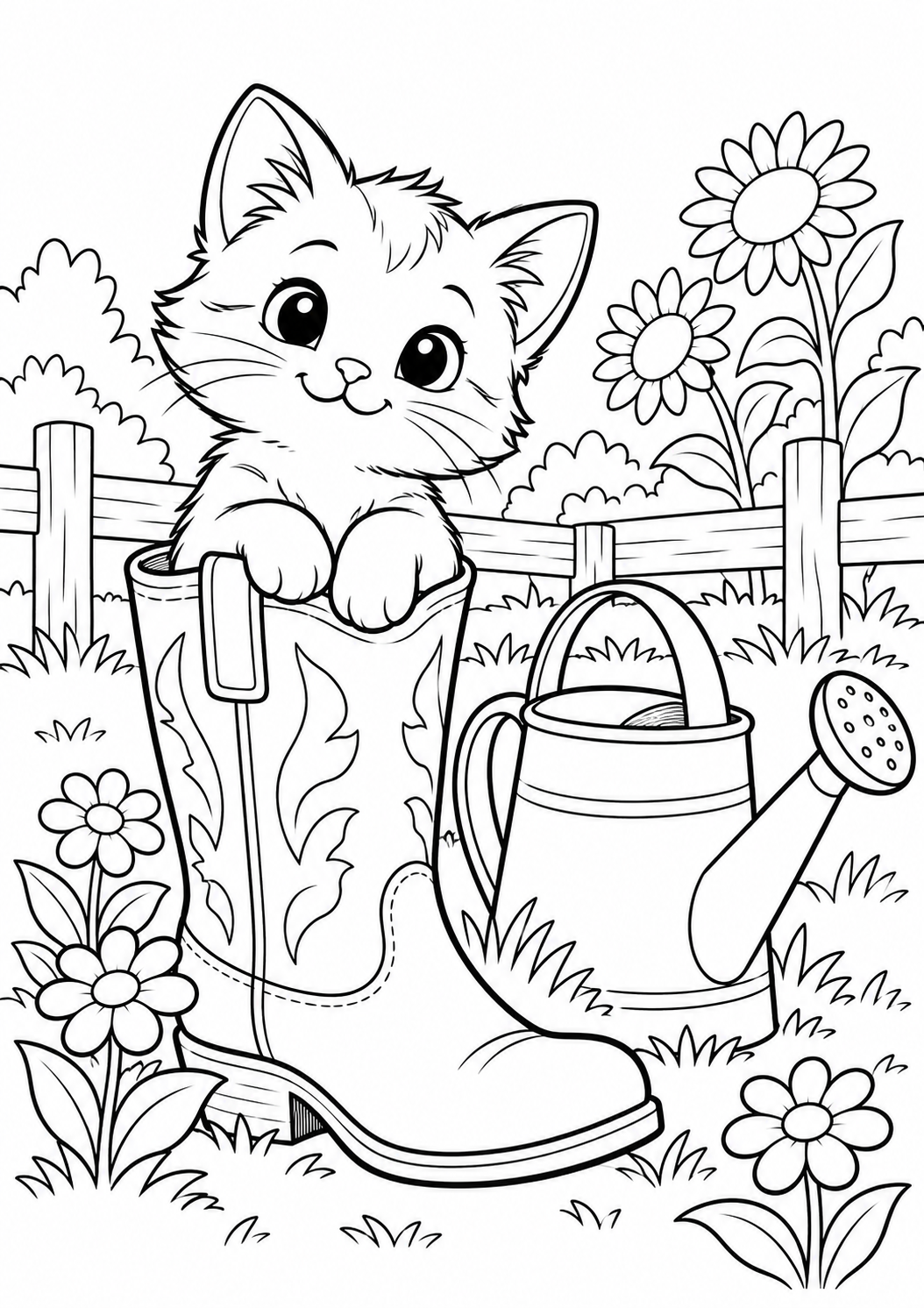 Gatinho sentado numa bota de fazendeiro junto a um regador