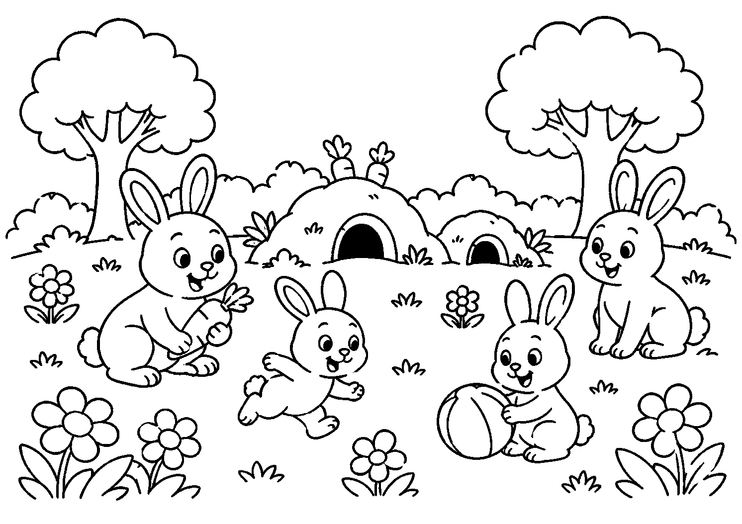 Coelhinhos com bola e cenoura perto das tocas, desenho para colorir em A4 paisagem