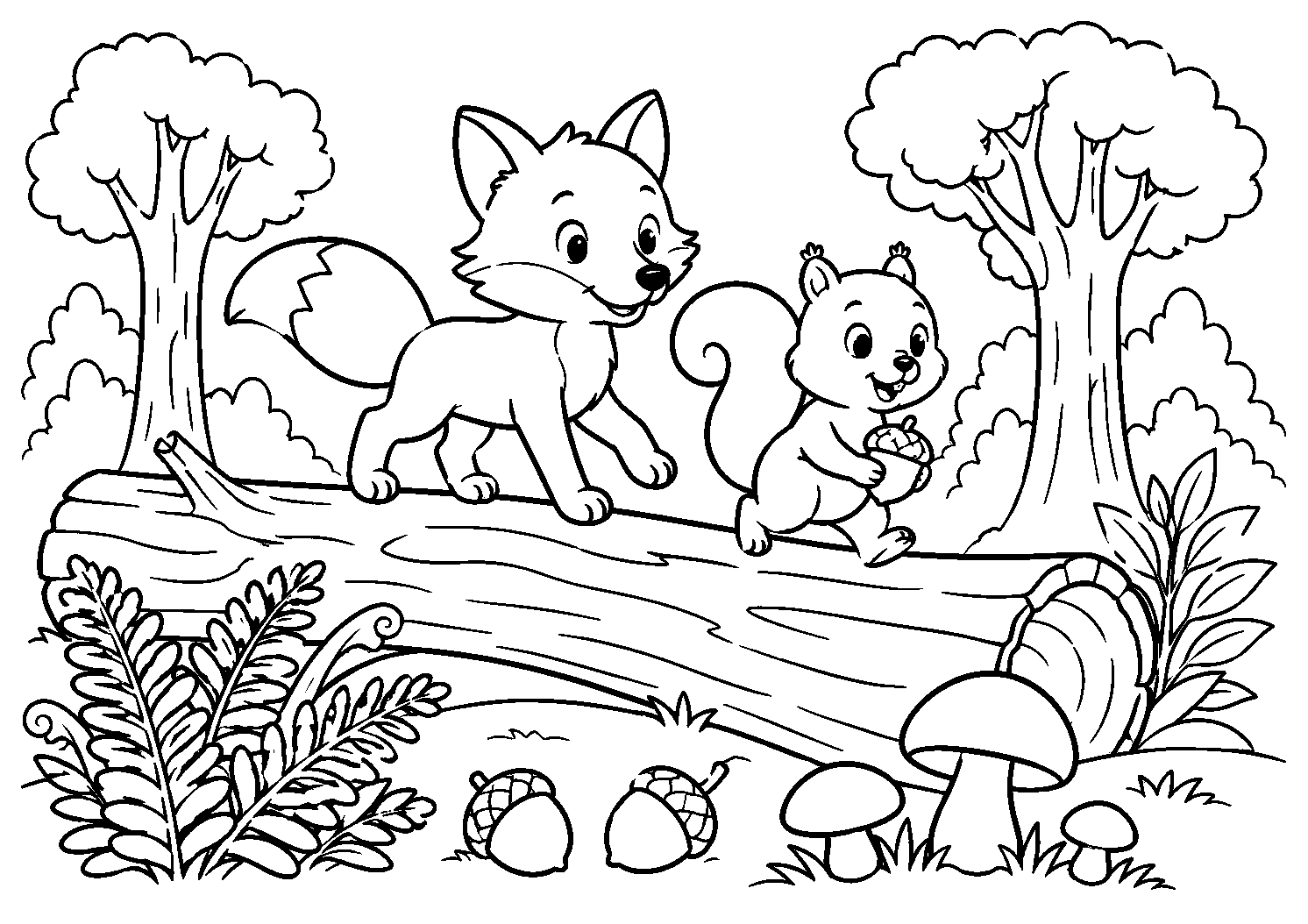 Raposa e esquilo sobre um tronco caído, desenho para colorir em A4 paisagem