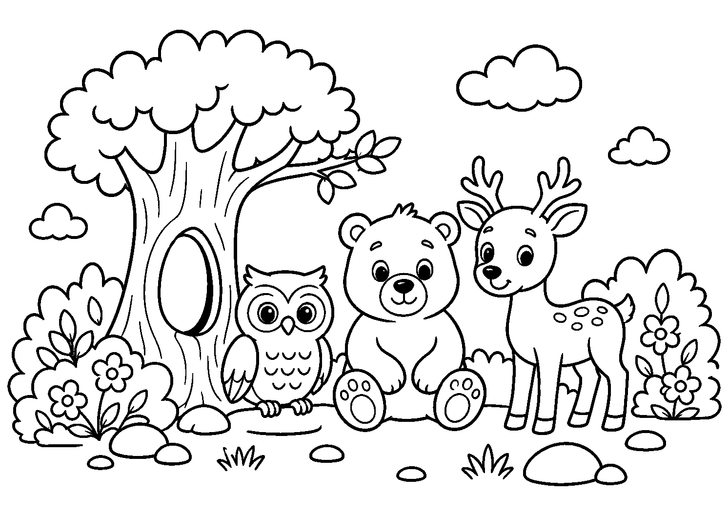 Coruja, urso e cervo ao lado da árvore, desenho para colorir em A4 paisagem