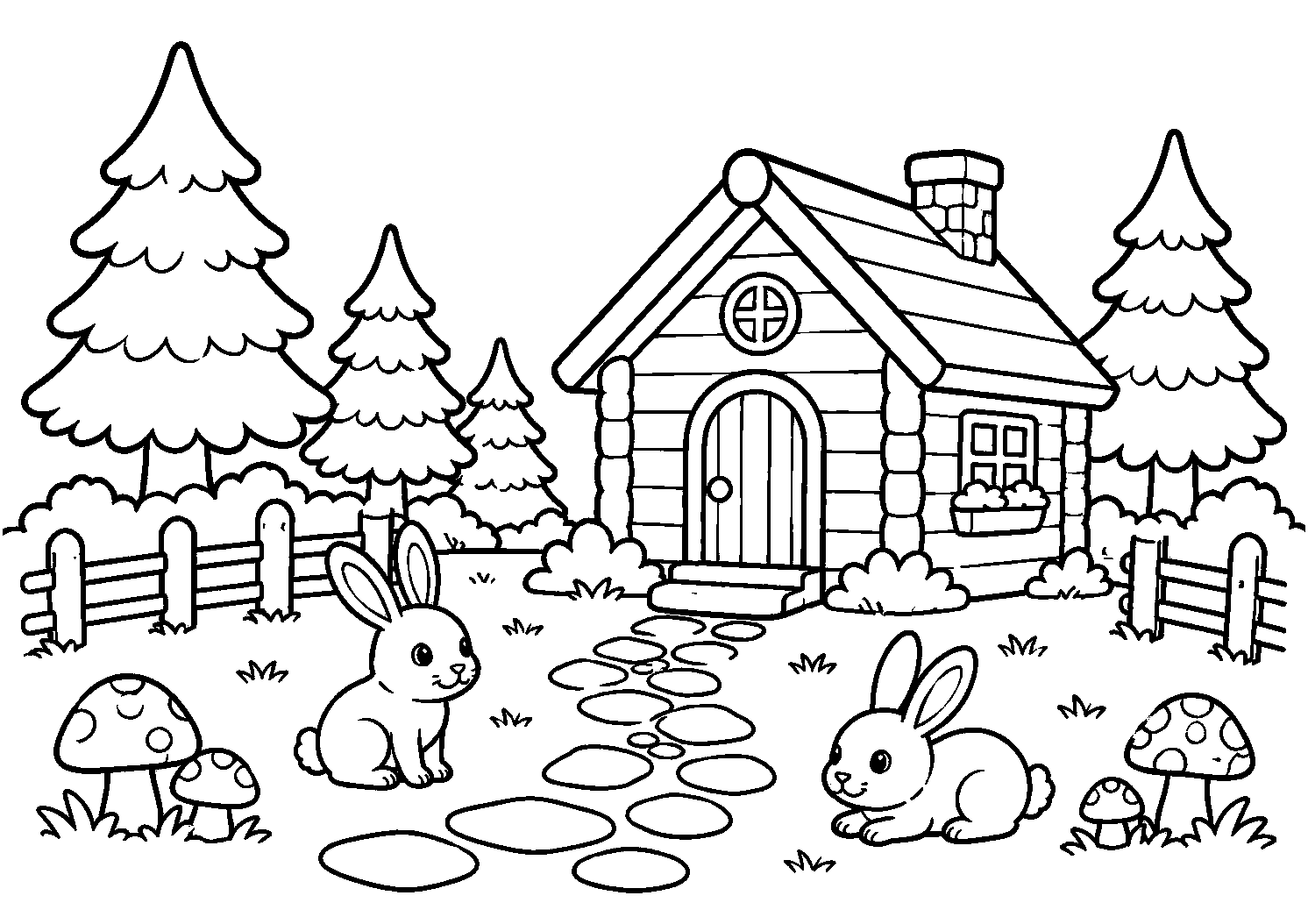 Coelhinhos no jardim da cabana de madeira, desenho para colorir em A4 paisagem