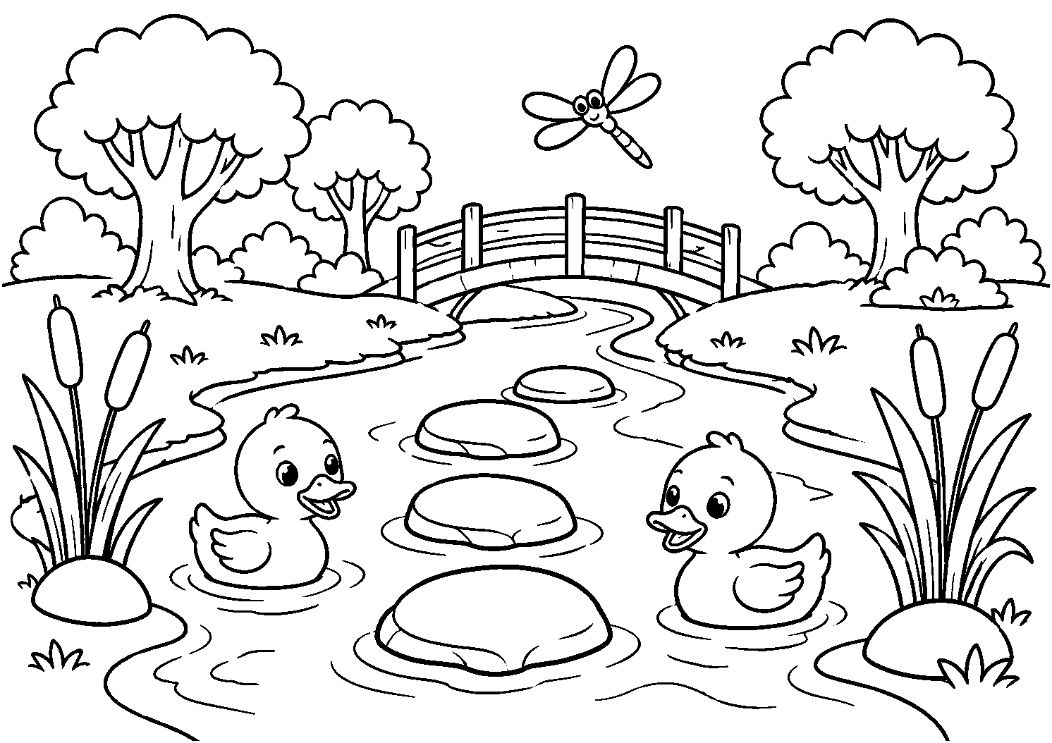 Patinhos no riacho com ponte e libélula, desenho para colorir em A4 paisagem
