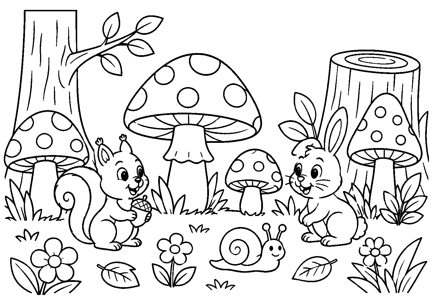 Esquilo e coelho entre cogumelos grandes, desenho para colorir em A4 paisagem