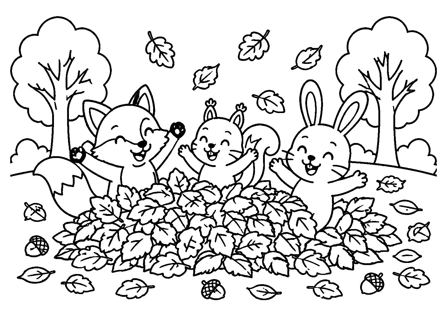 Raposa, esquilo e coelho brincando nas folhas, desenho para colorir em A4 paisagem