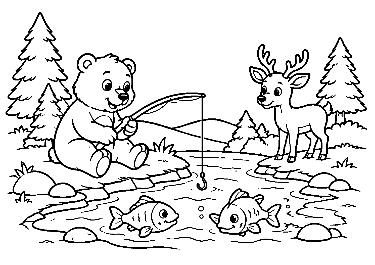 Urso pescando no lago ao lado do cervo, desenho para colorir em A4 paisagem