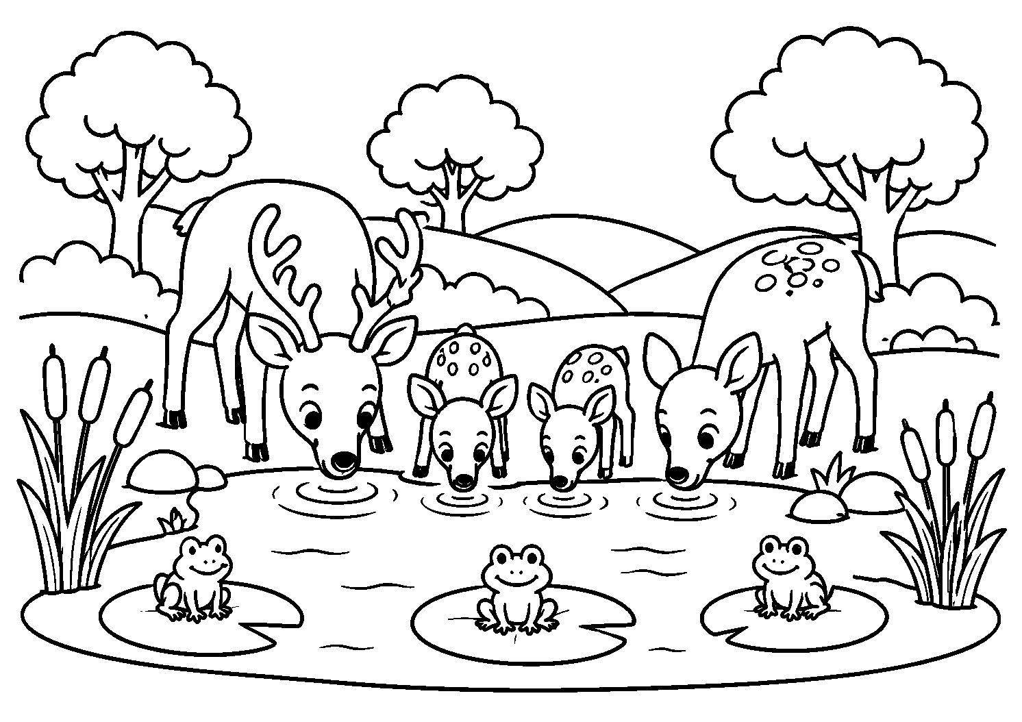 Família de cervos bebendo água no lago, desenho para colorir em A4 paisagem