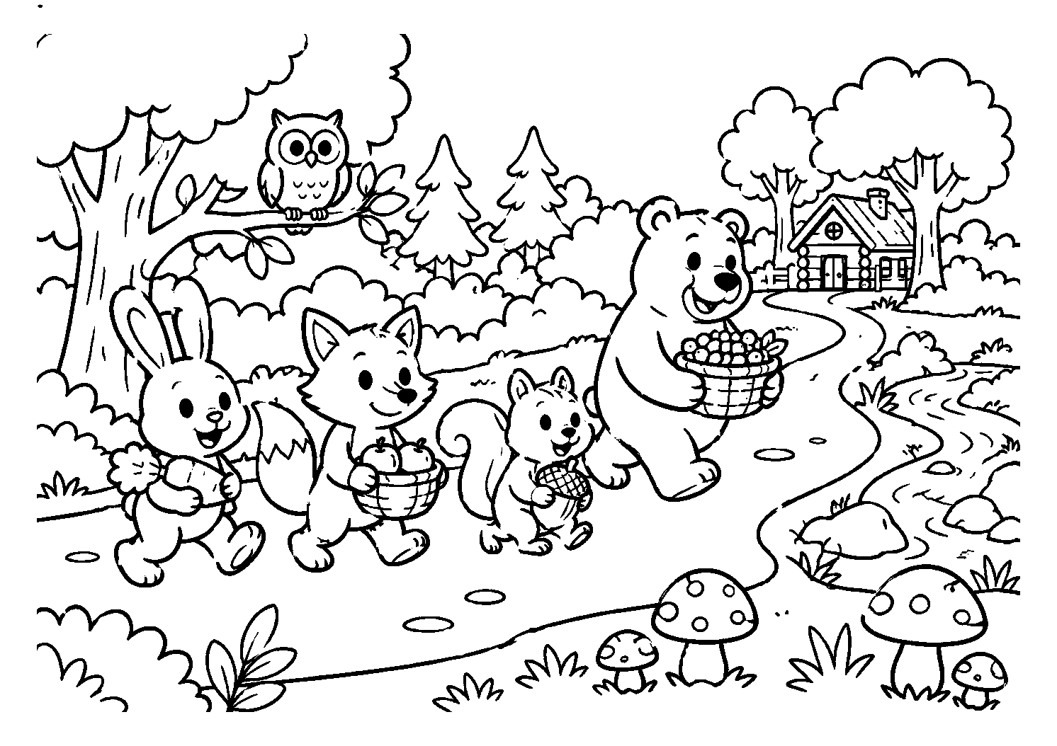 Urso, raposa e amigos com cestas na floresta, desenho para colorir em A4 paisagem