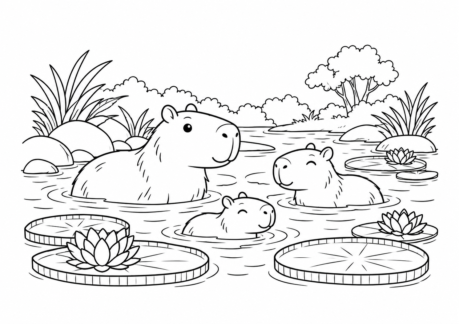 Capivaras tomando banho num riacho com vitória-régia, desenho para colorir em A4 paisagem
