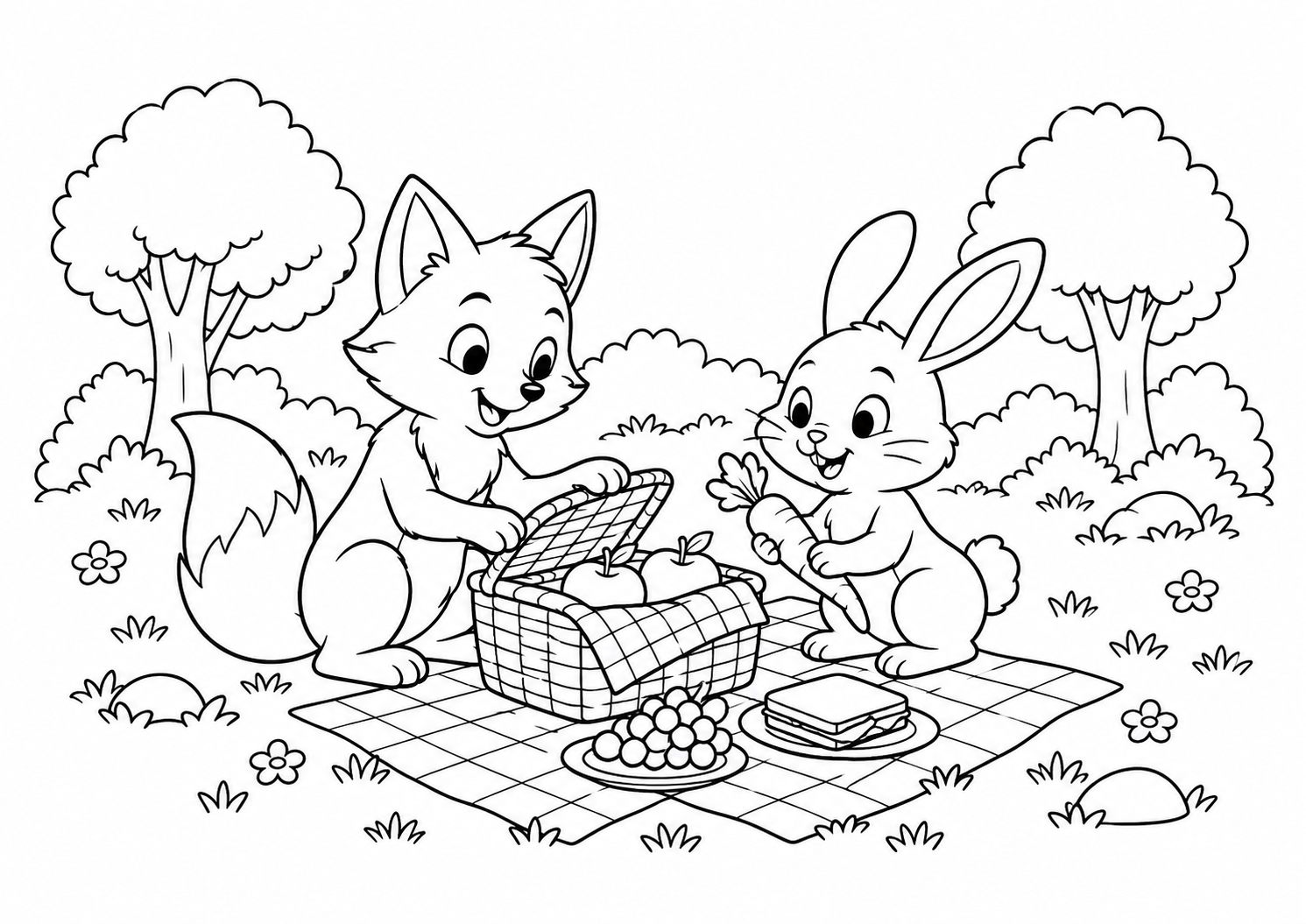Raposa e coelho preparando piquenique numa clareira, desenho para colorir em A4 paisagem