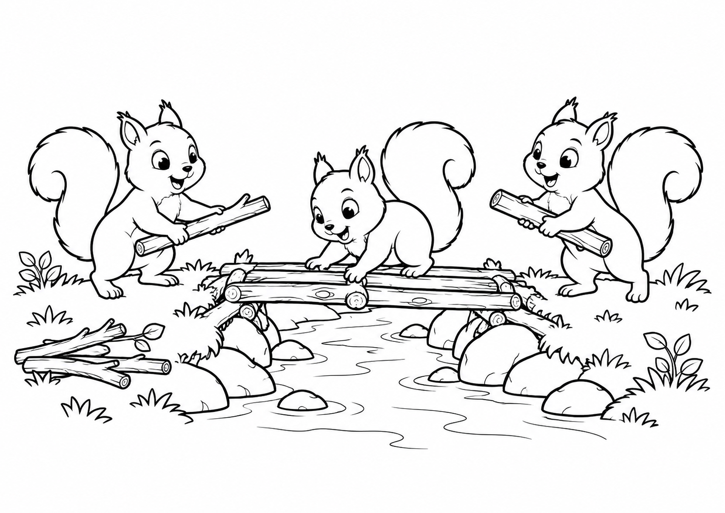 Esquilos construindo uma pequena ponte de galhos, desenho para colorir em A4 paisagem