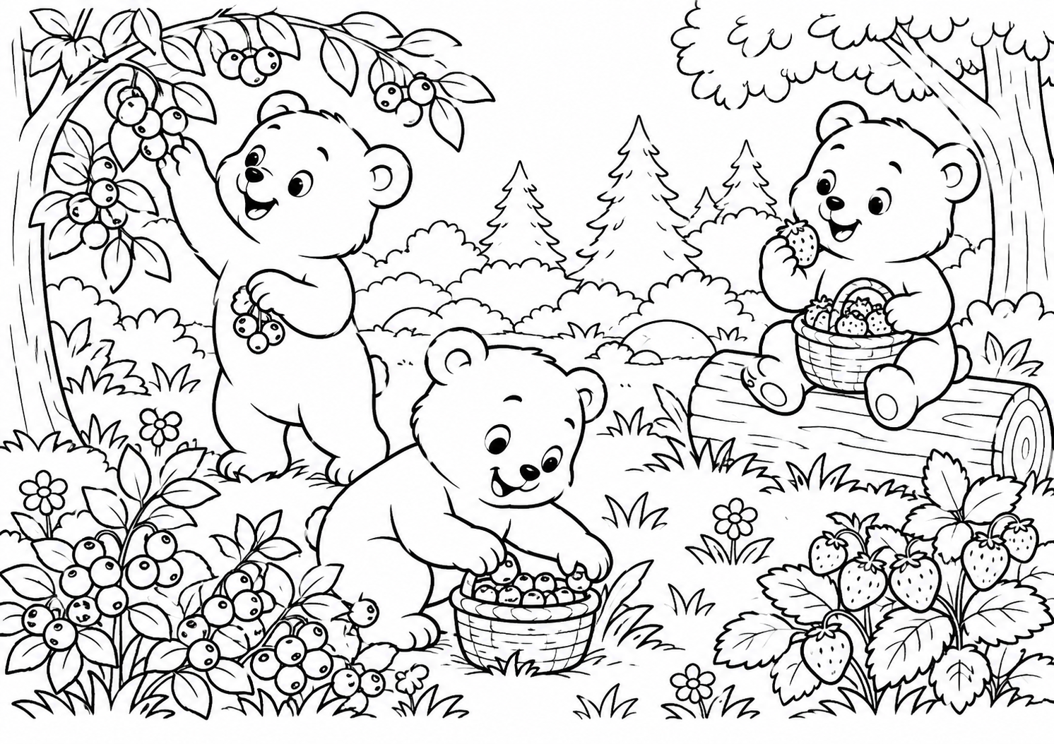 Ursinhos recolhendo frutos num bosque, desenho para colorir em A4 paisagem