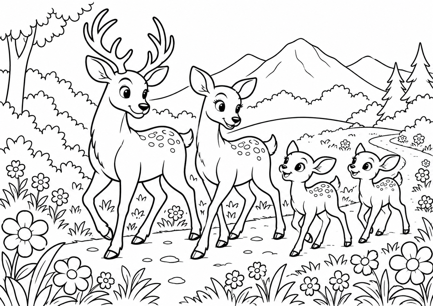 Família de cervos andando por um caminho com flores, desenho para colorir em A4 paisagem