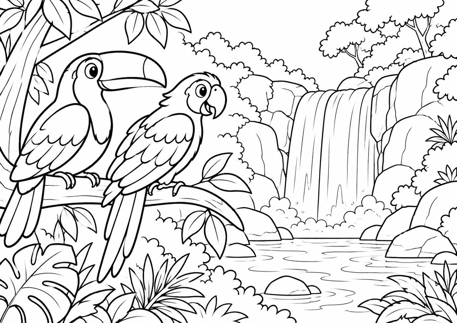 Tucano e arara observando uma cachoeira no meio da mata, desenho para colorir em A4 paisagem