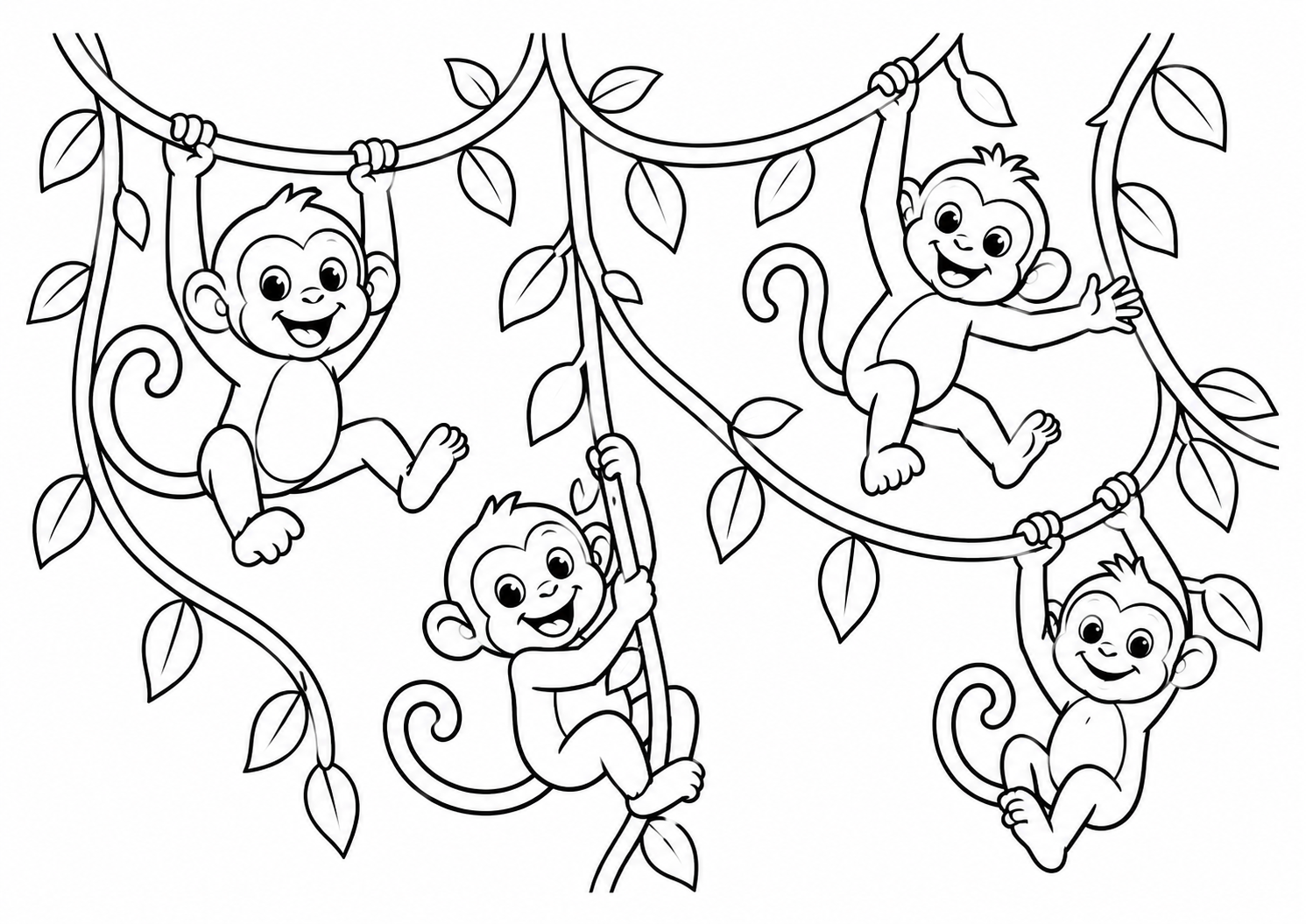 Macacos pequenos brincando num conjunto de cipós, desenho para colorir em A4 paisagem