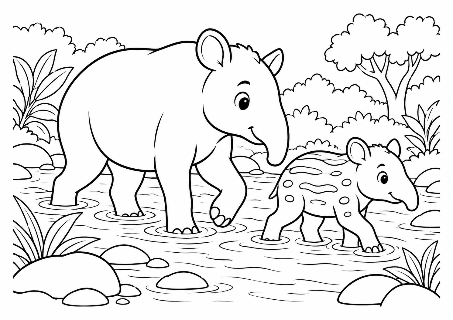 Anta e filhote passando por um riacho raso, desenho para colorir em A4 paisagem