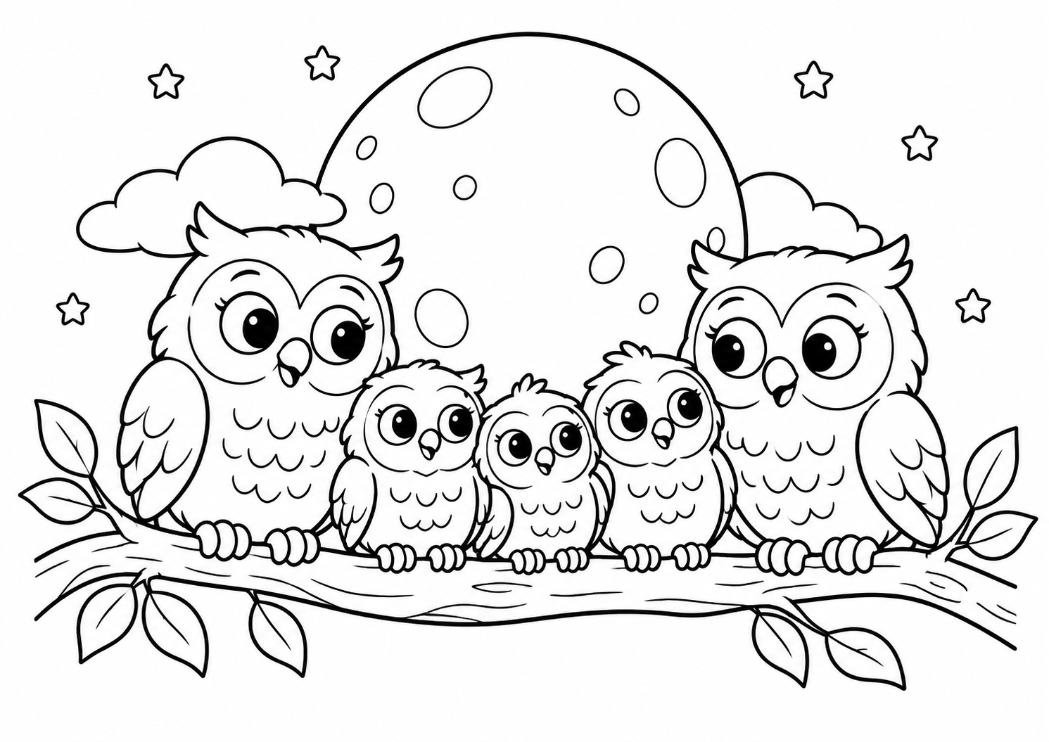 Corujas reunidas num galho diante de uma lua grande, desenho para colorir em A4 paisagem