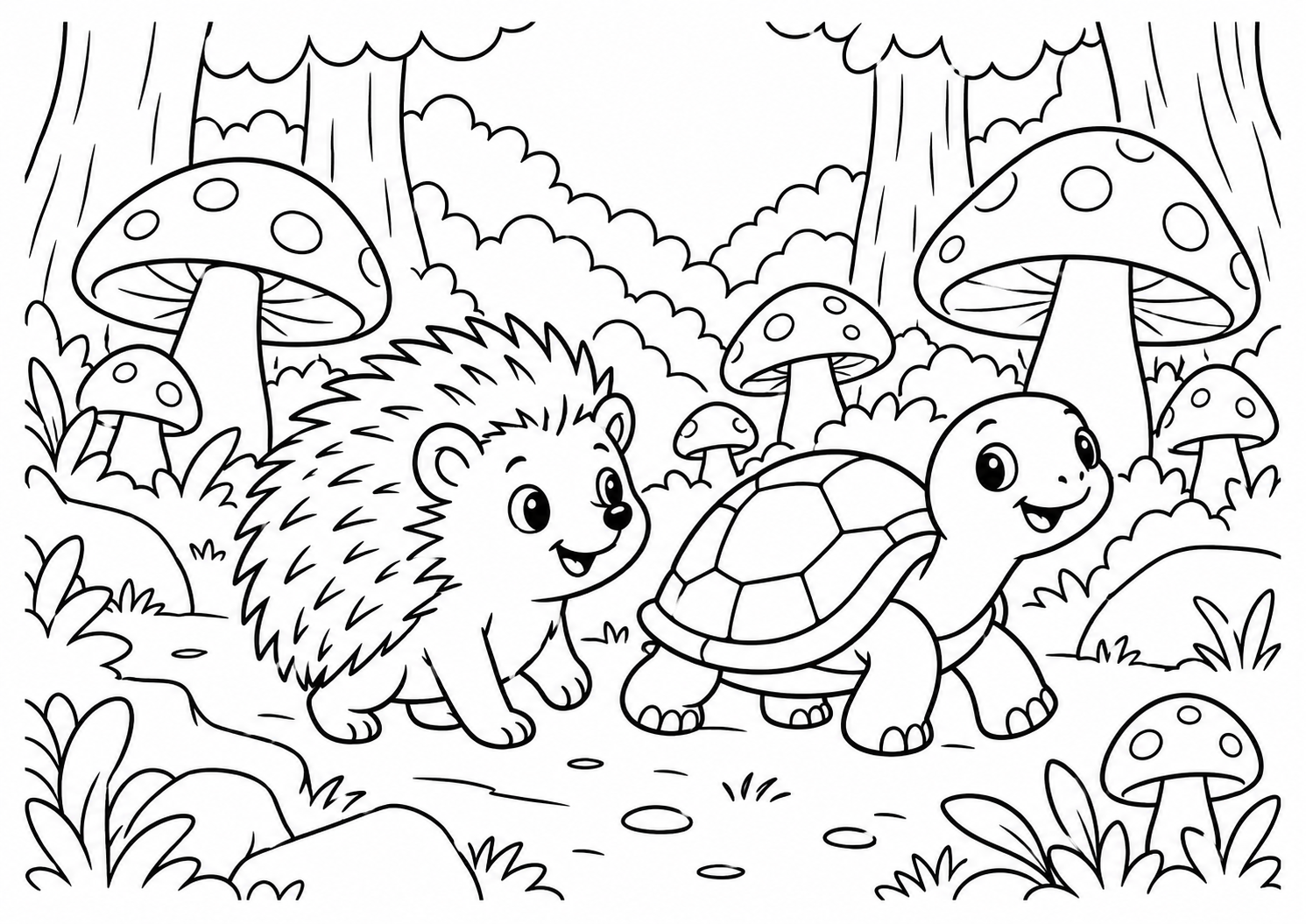 Ouriço e tartaruga passeando num bosque de cogumelos, desenho para colorir em A4 paisagem
