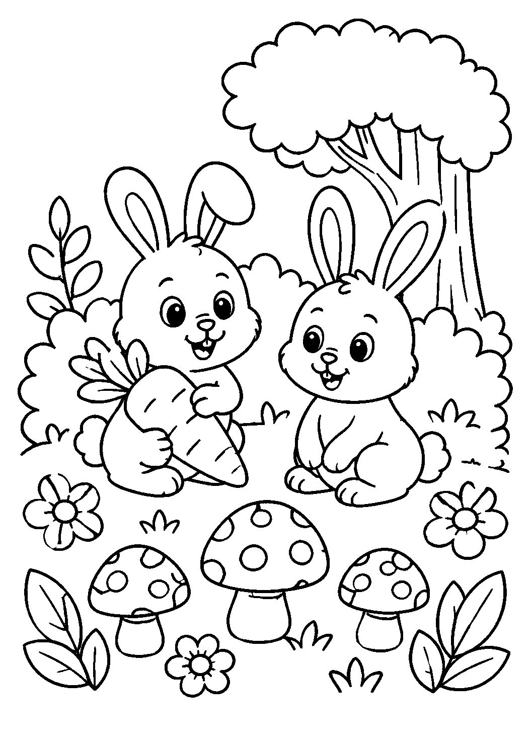 Coelhinhos com cenoura entre flores e cogumelos, desenho para colorir em A4 retrato