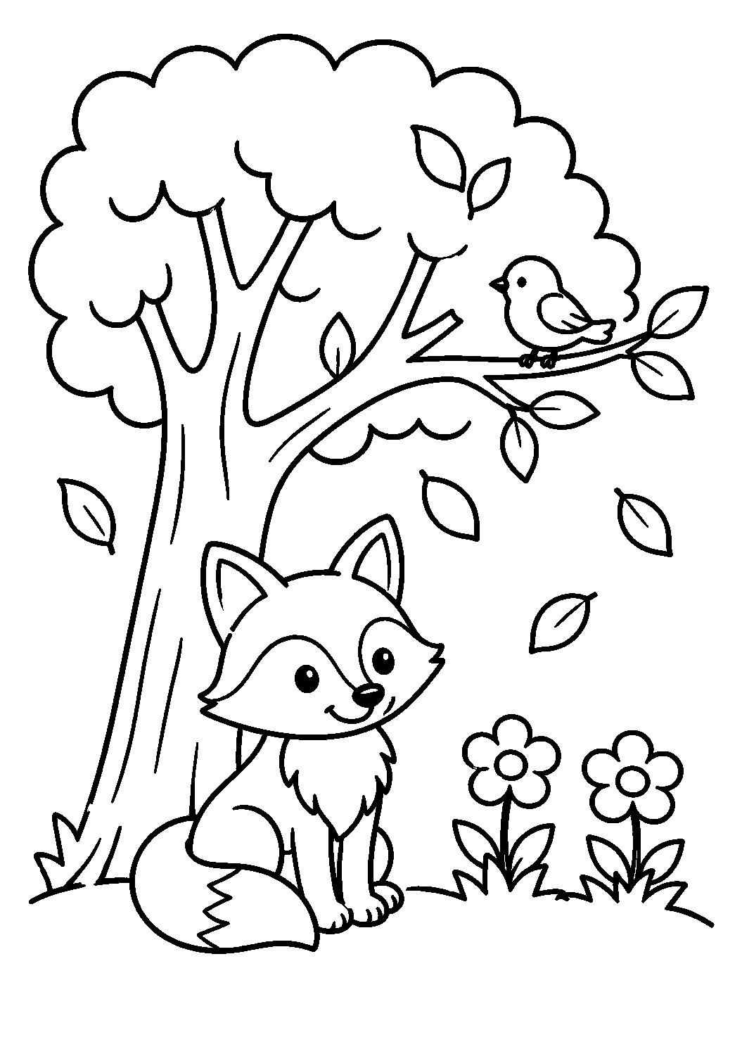 Raposa sob a árvore com passarinho, desenho para colorir em A4 retrato