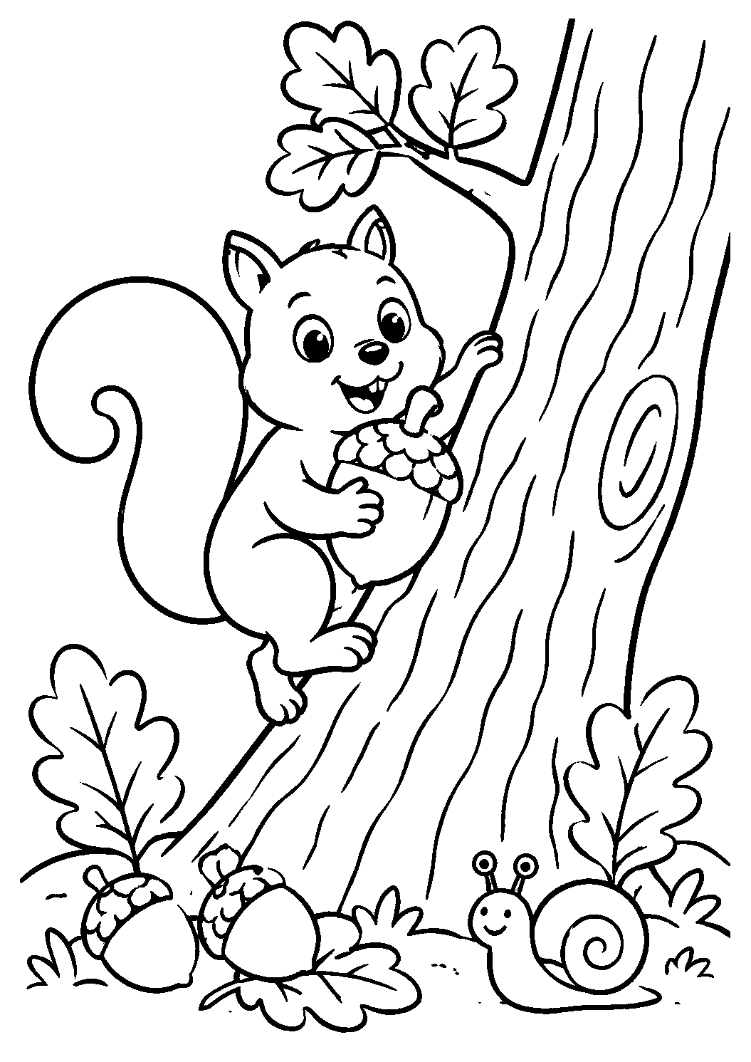 Esquilo com bolota no tronco da árvore, desenho para colorir em A4 retrato