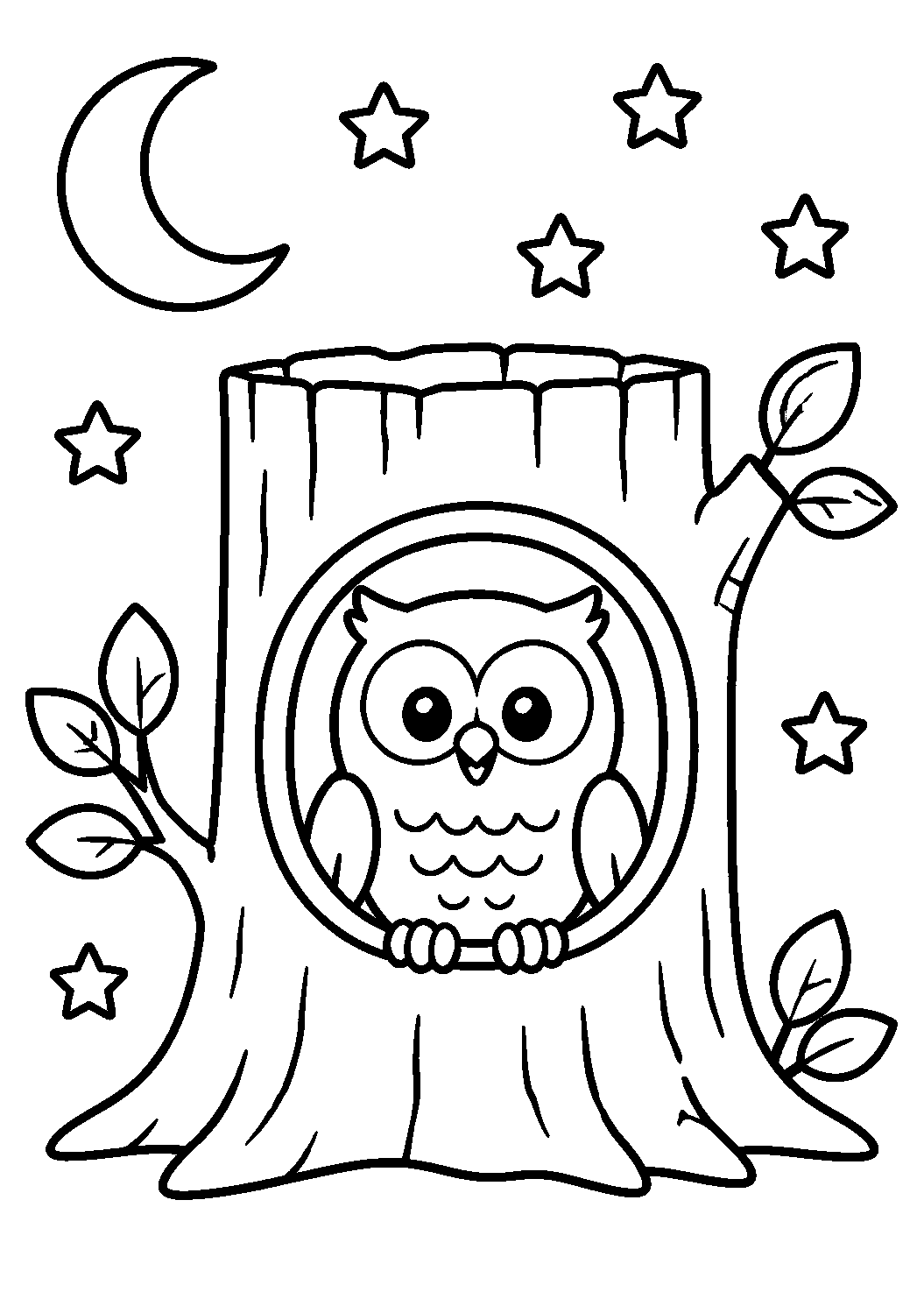 Coruja no tronco sob a lua e as estrelas, desenho para colorir em A4 retrato