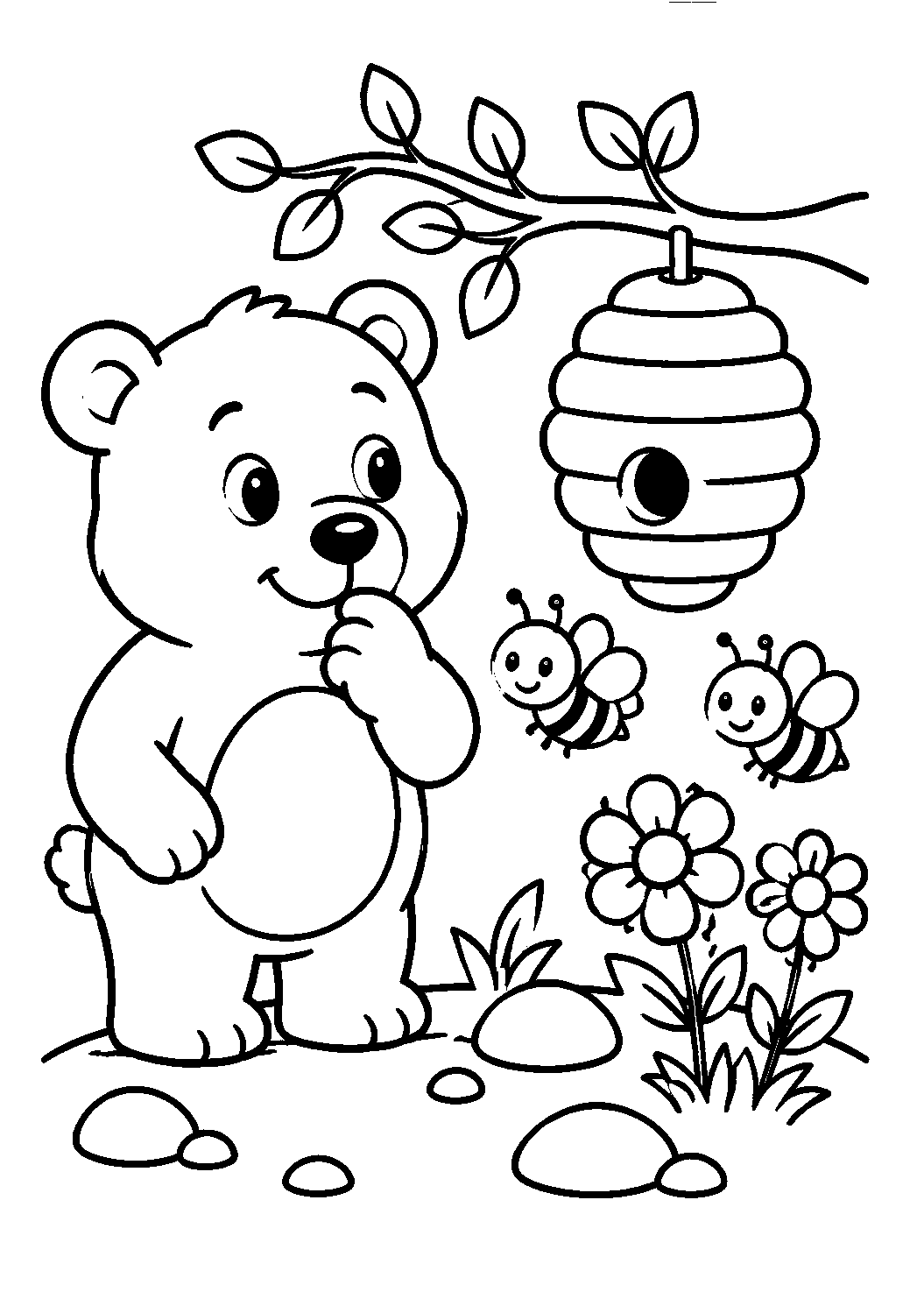 Ursinho ao lado da colmeia e das abelhas, desenho para colorir em A4 retrato