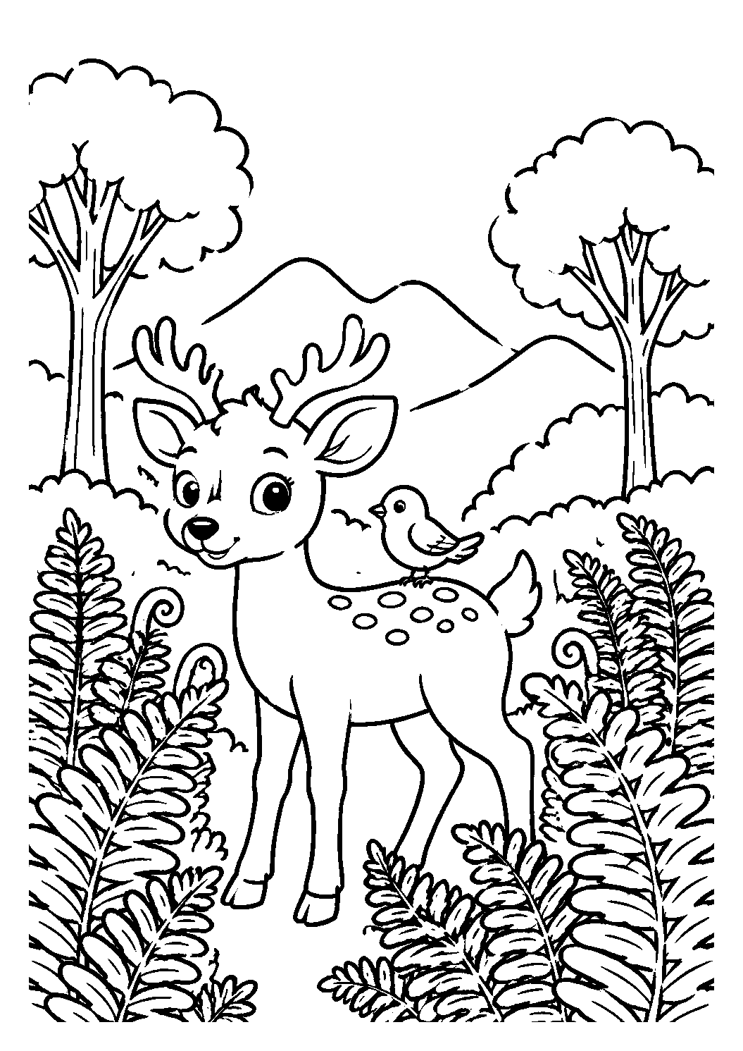 Cervo entre samambaias com pássaro nas costas, desenho para colorir em A4 retrato