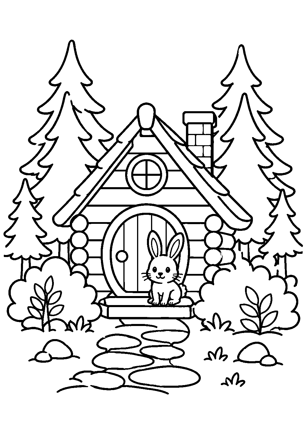 Cabana de madeira com coelhinho na porta, desenho para colorir em A4 retrato