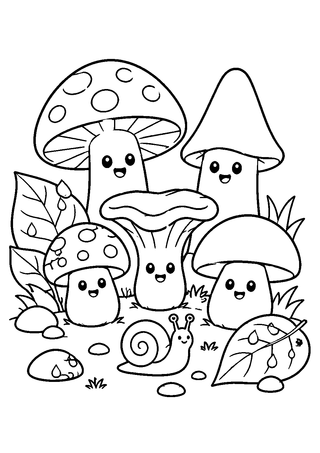Cogumelos sorridentes com caracol e folhas, desenho para colorir em A4 retrato