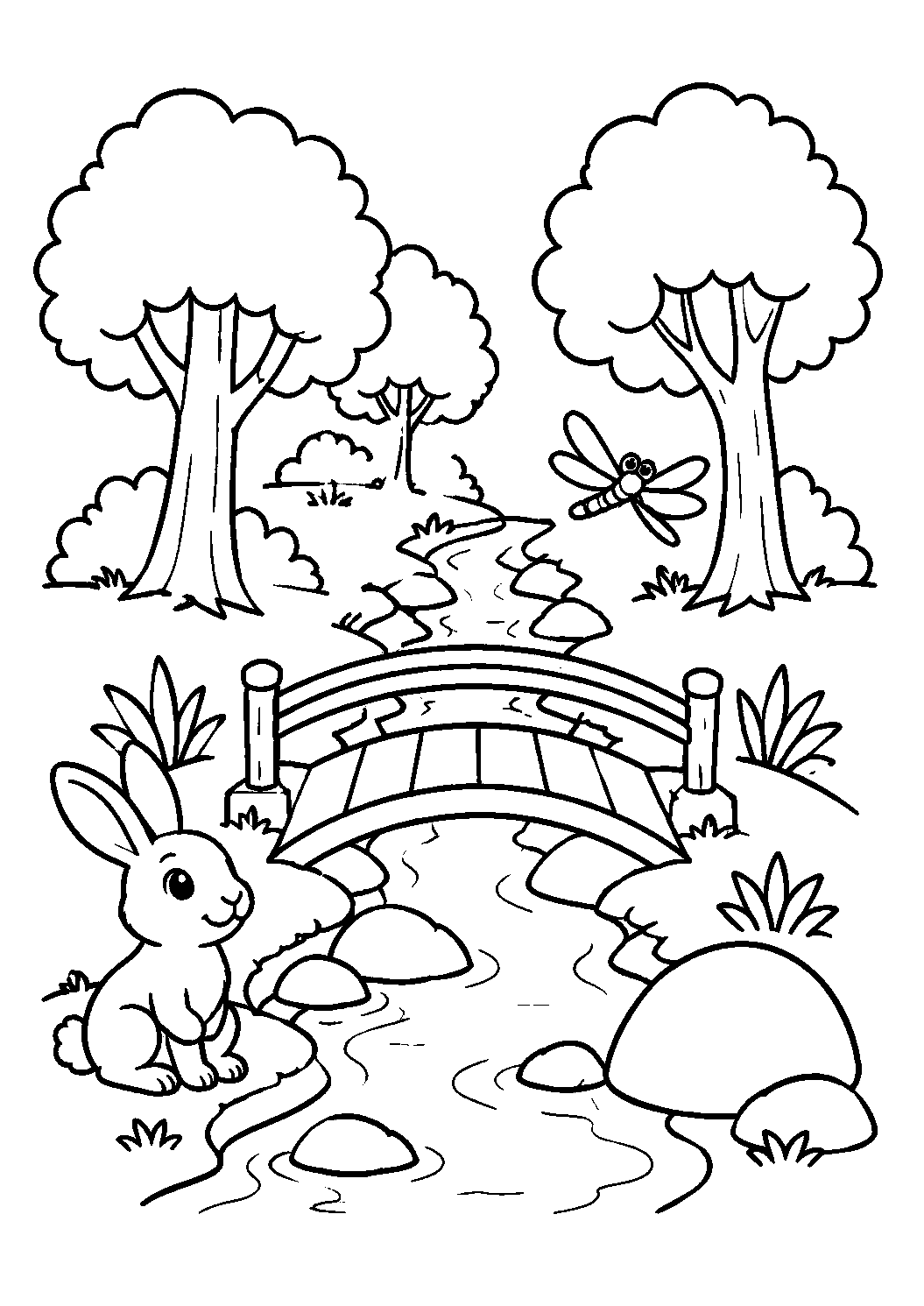Coelho junto ao riacho com ponte de madeira, desenho para colorir em A4 retrato