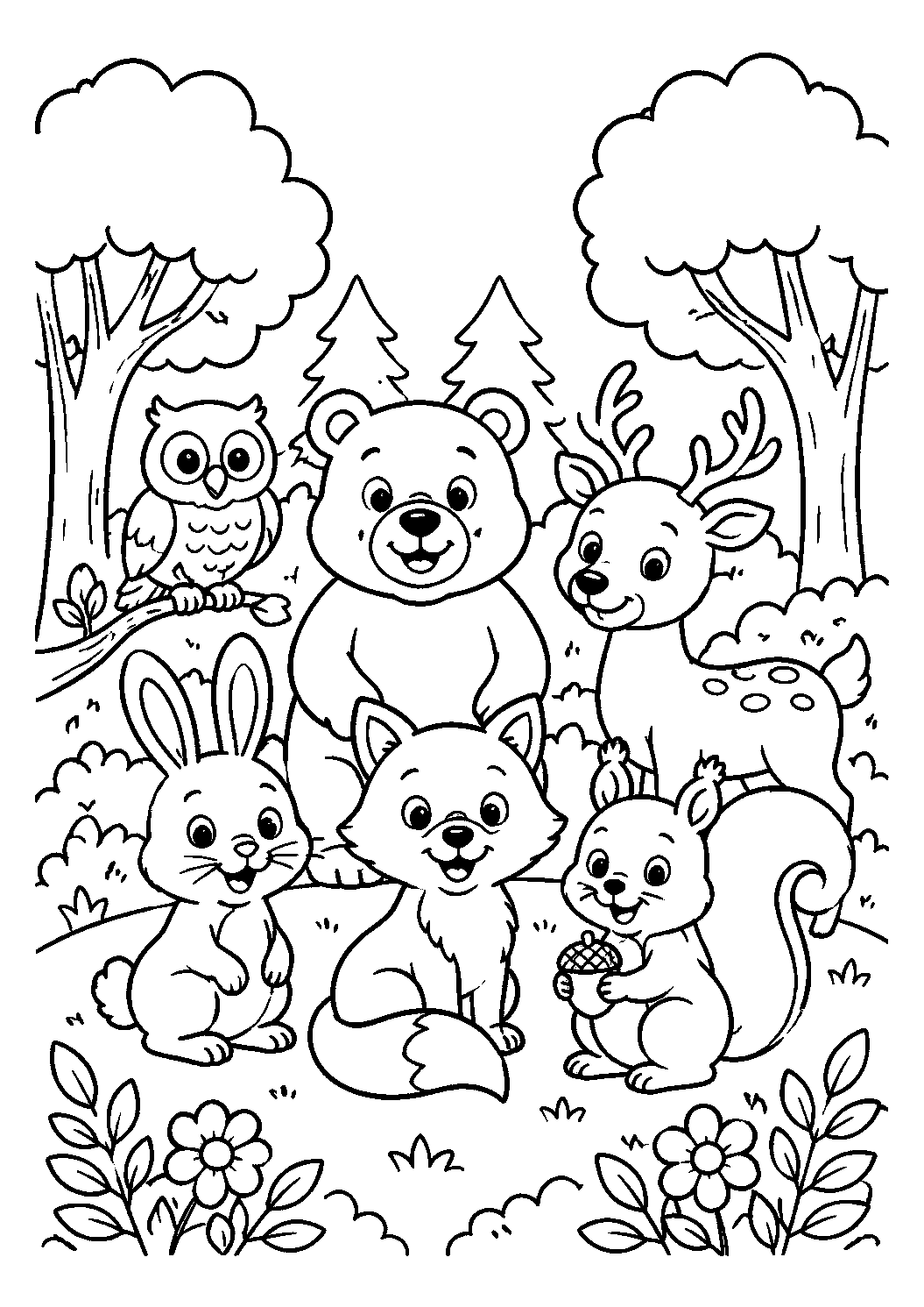 Urso, raposa e outros animais da floresta, desenho para colorir em A4 retrato