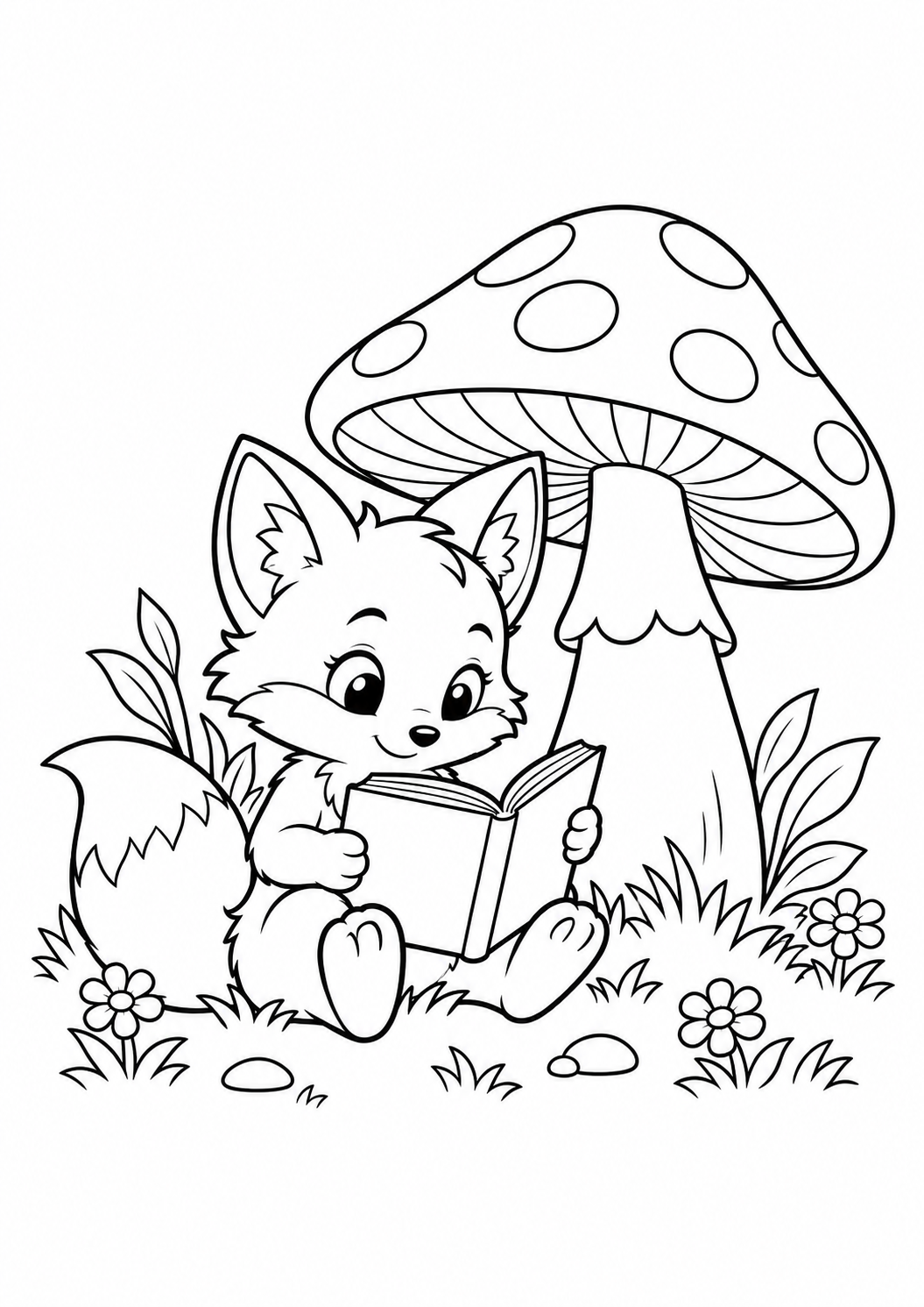 Raposa filhote lendo perto de um cogumelo grande, desenho para colorir em A4 retrato
