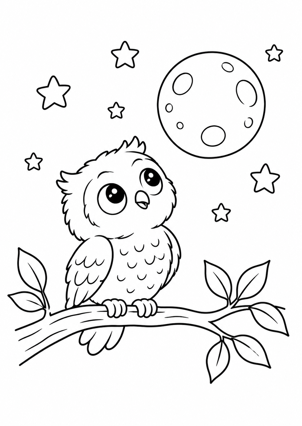 Coruja bebê olhando a lua no alto de um galho, desenho para colorir em A4 retrato