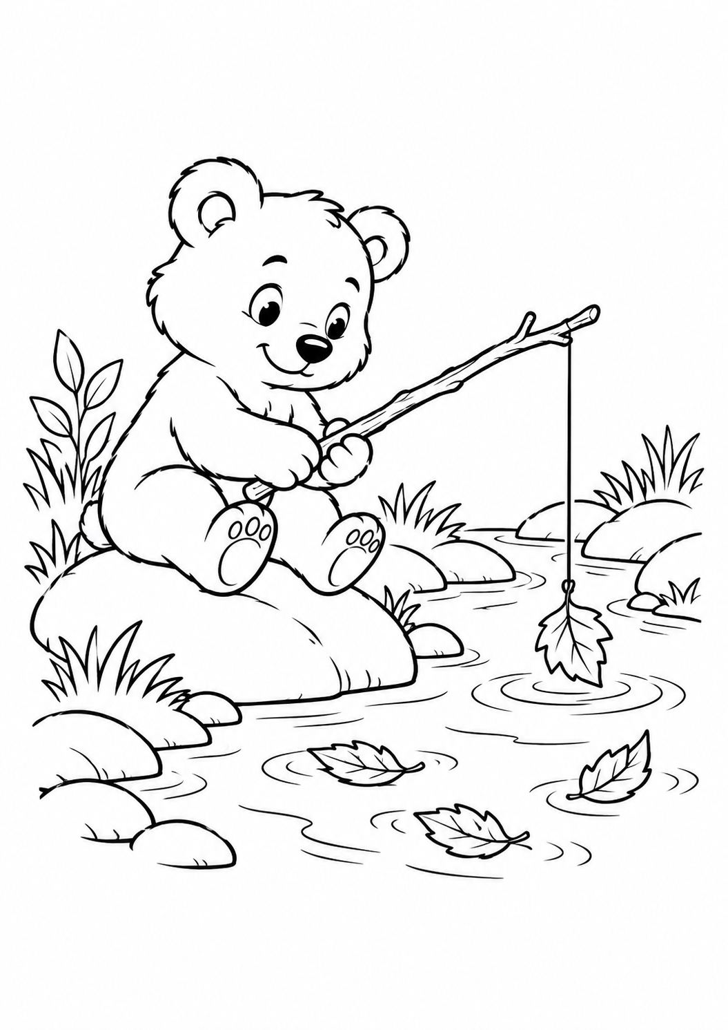 Urso filhote pescando folhas num riacho com uma vara de graveto, desenho para colorir em A4 retrato