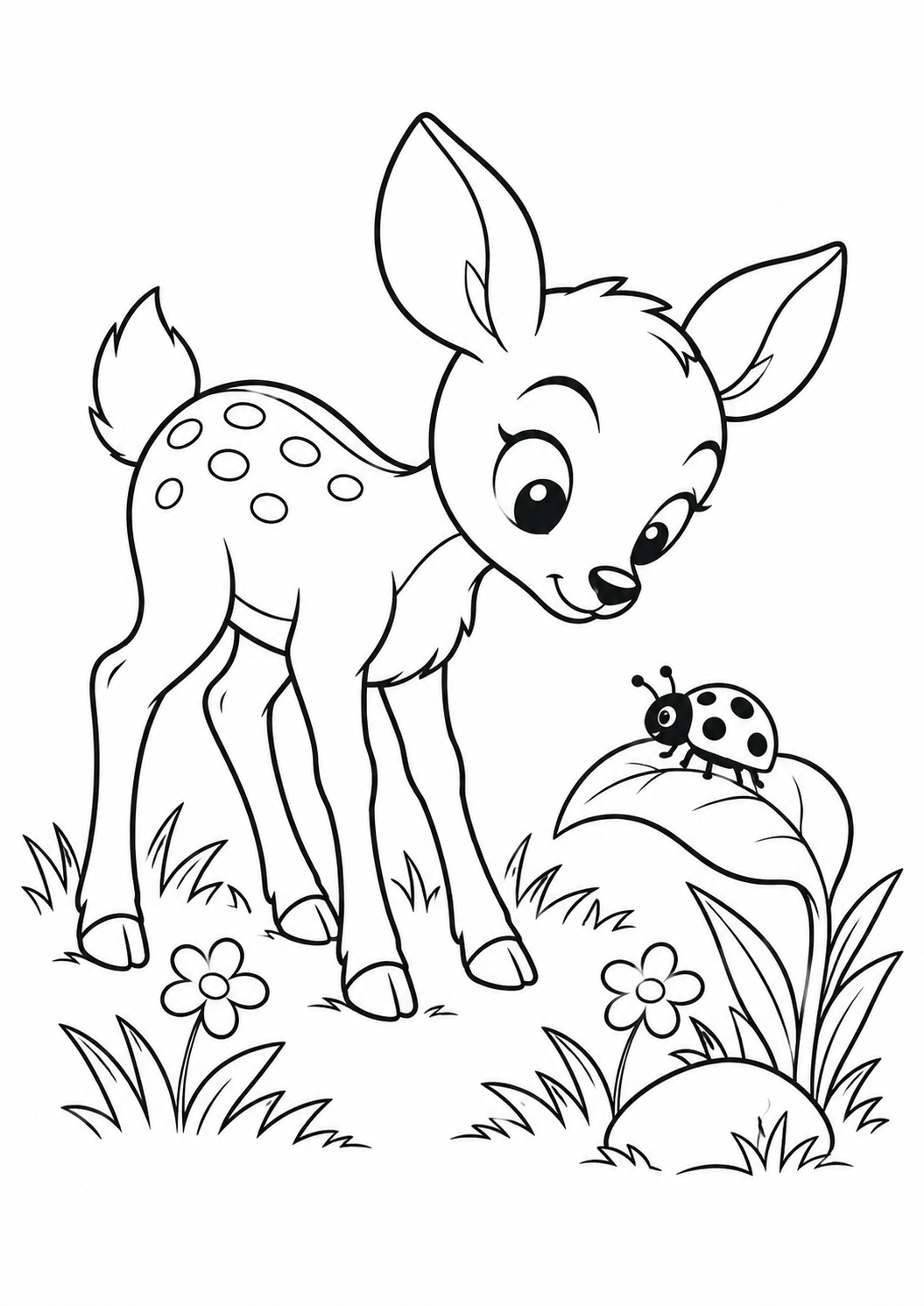 Cervo filhote observando uma joaninha, desenho para colorir em A4 retrato