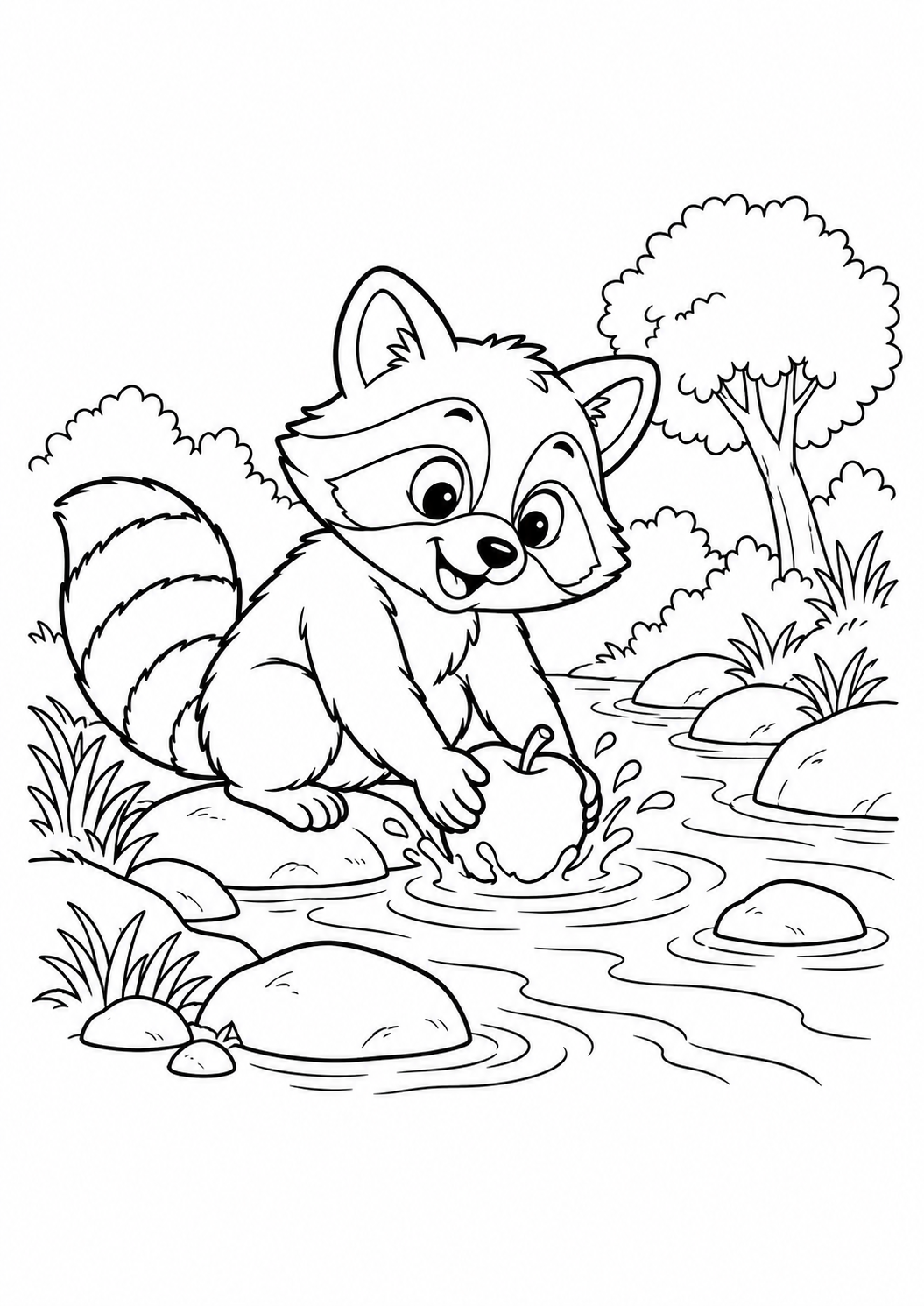 Guaxinim lavando uma maçã num riacho, desenho para colorir em A4 retrato