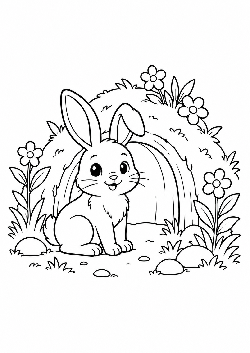 Coelho do bosque morando numa pequena toca com flores, desenho para colorir em A4 retrato